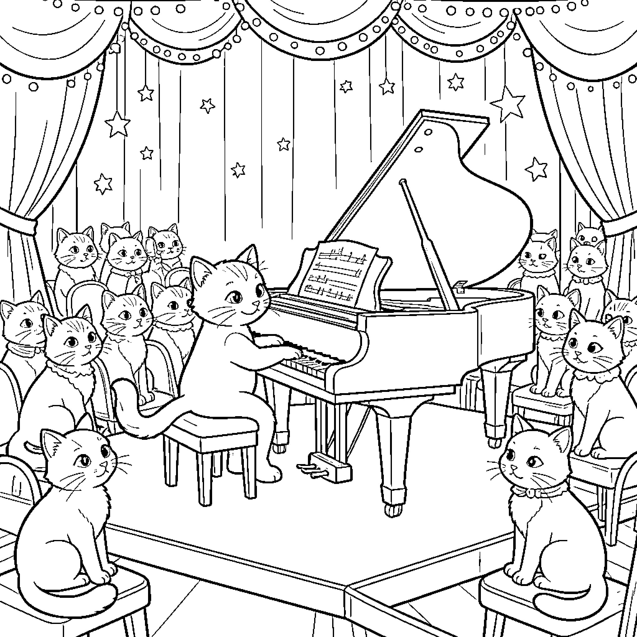 Gato Cats Performing at Musical Concert Coloring Page (free black-and-white line drawing printable PDF for all, from beginners to advanced learners, including children, teens, adults, and seniors)