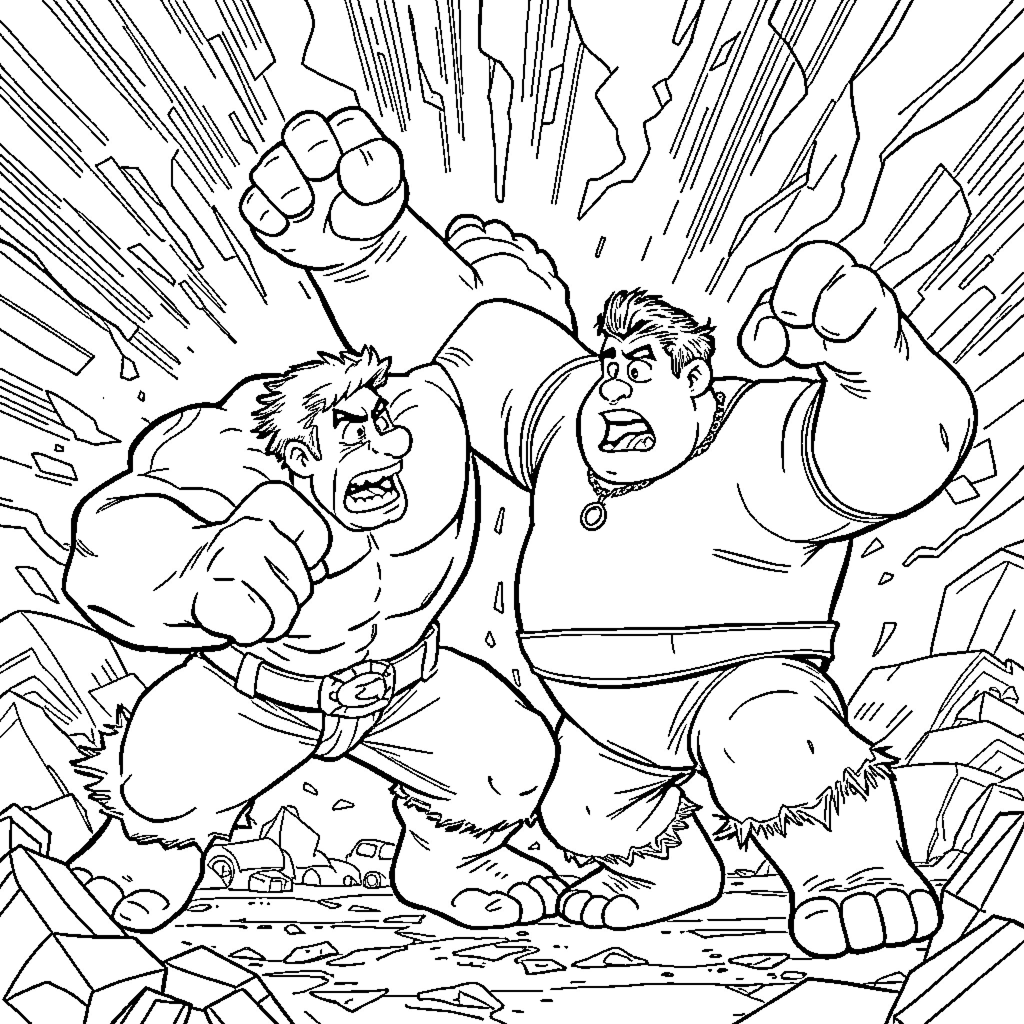 Ralph and the Hulk-like figure in an intense battle Coloring Page (free black-and-white line drawing printable PDF for all, from beginners to advanced learners, including children, teens, adults, and seniors)
