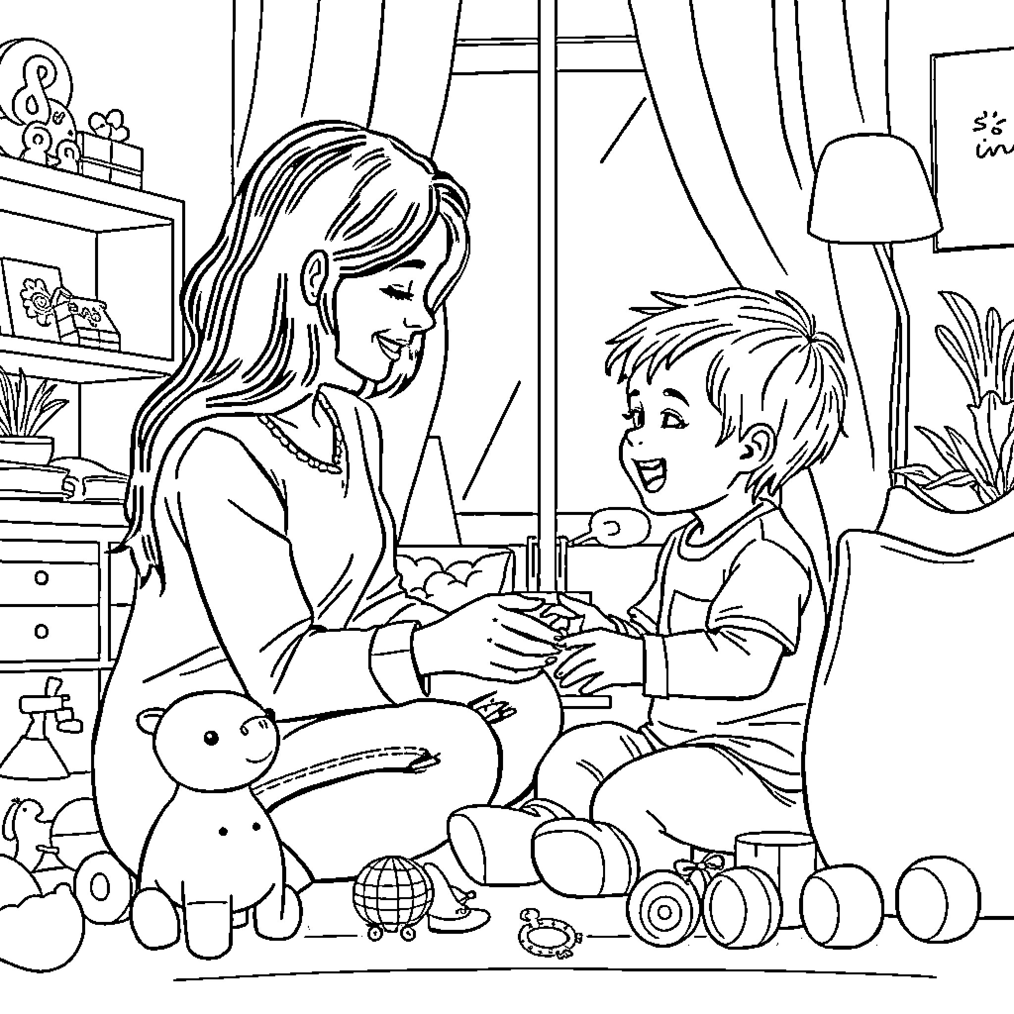 Child playing with toys in the bedroom Coloring Page (free black-and-white line drawing printable PDF for all, from beginners to advanced learners, including children, teens, adults, and seniors)