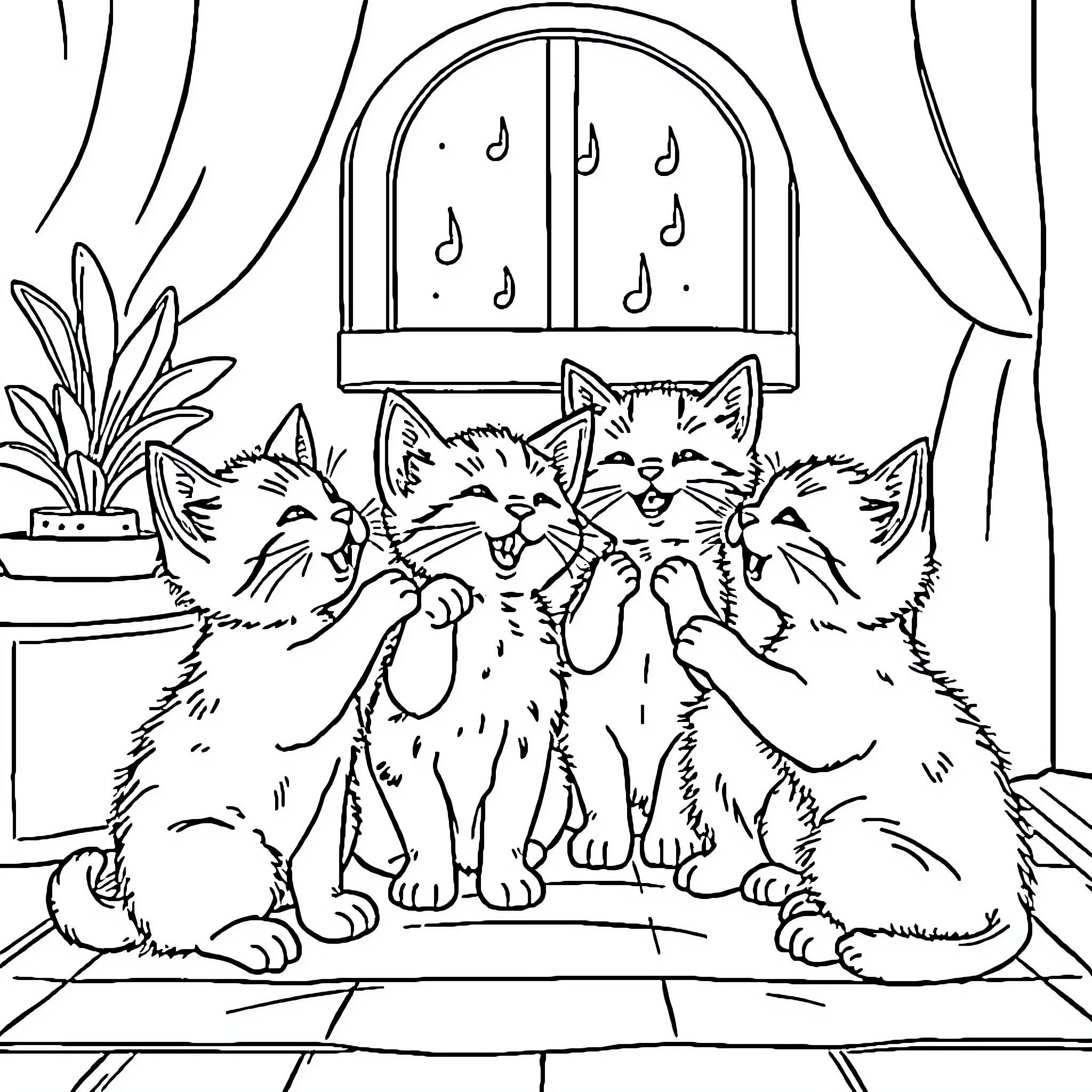 Kitty Choir Singing Merrily at Home Coloring Page (free black-and-white line drawing printable PDF for all, from beginners to advanced learners, including children, teens, adults, and seniors)