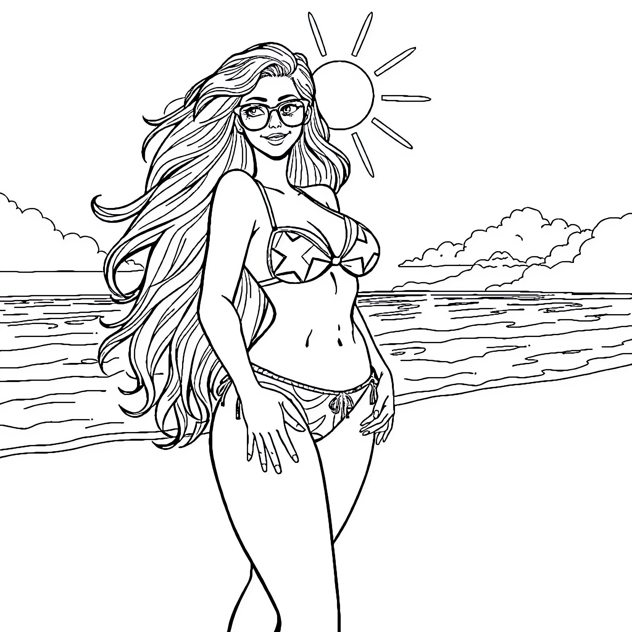 Rias Gremory enjoying the sunny beach Coloring Page (free black-and-white line drawing printable PDF for all, from beginners to advanced learners, including children, teens, adults, and seniors)