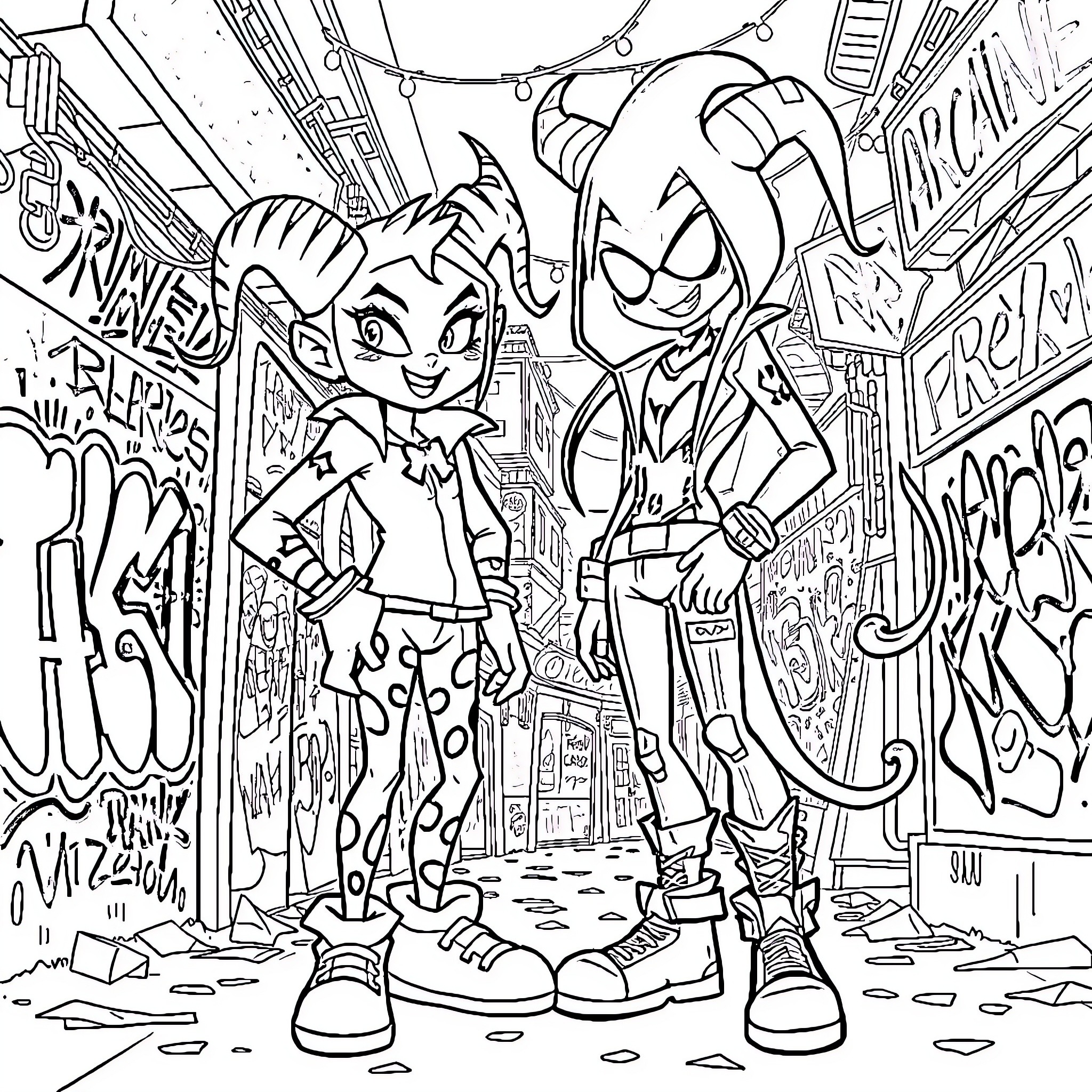 Jinx and Harley Quinn's Wild Adventure Coloring Page (free black-and-white line drawing printable PDF for all, from beginners to advanced learners, including children, teens, adults, and seniors)