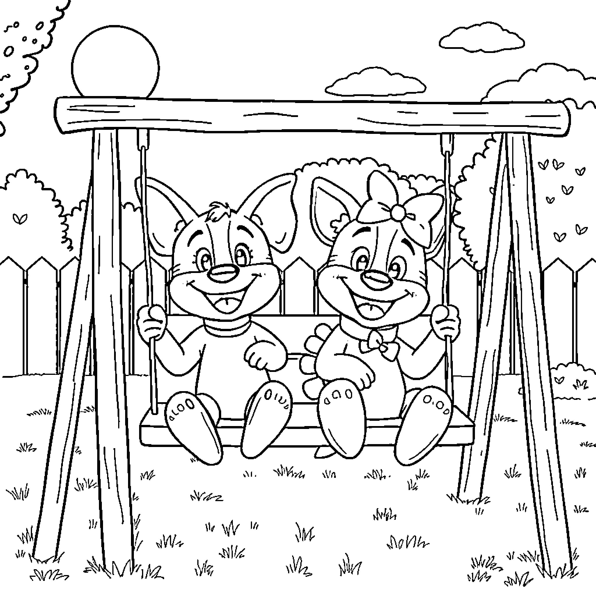 Bluey and friend play on a swing in the park Coloring Page (free black-and-white line drawing printable PDF for all, from beginners to advanced learners, including children, teens, adults, and seniors)