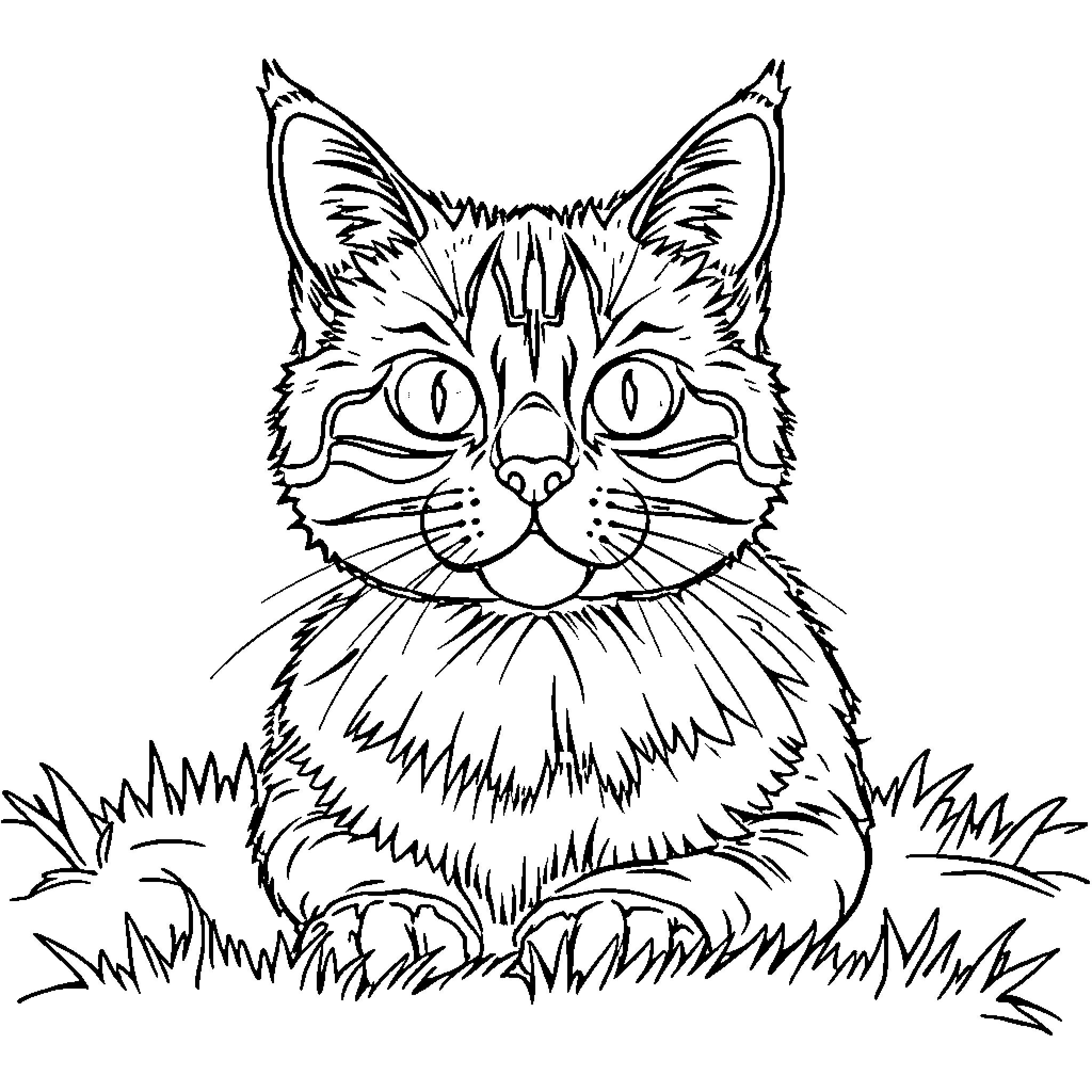 Cat sitting in grass with alert expression Coloring Page (free black-and-white line drawing printable PDF for all, from beginners to advanced learners, including children, teens, adults, and seniors)