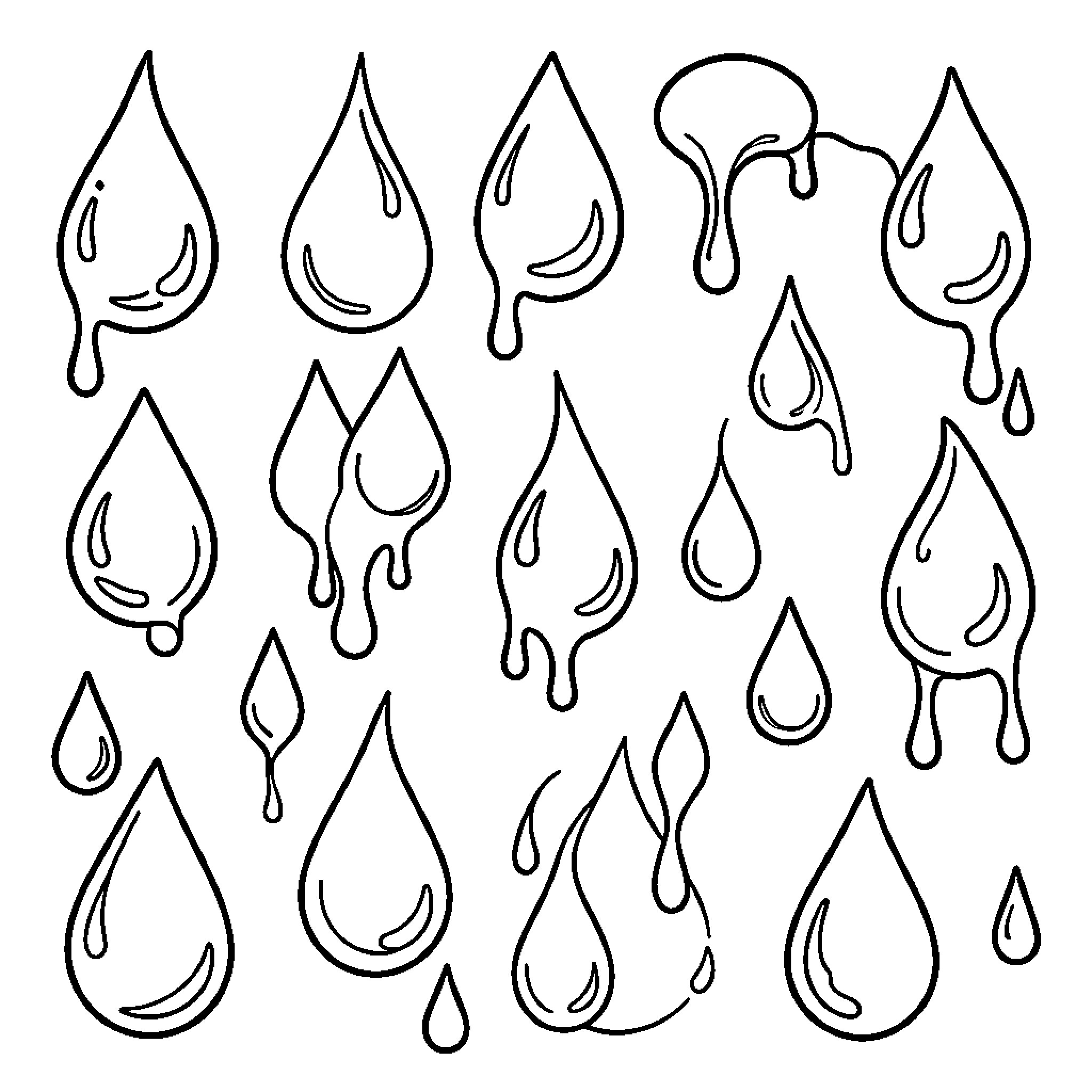 Poison Droplets dripping and splashing in various shapes Coloring Page (free black-and-white line drawing printable PDF for all, from beginners to advanced learners, including children, teens, adults, and seniors)