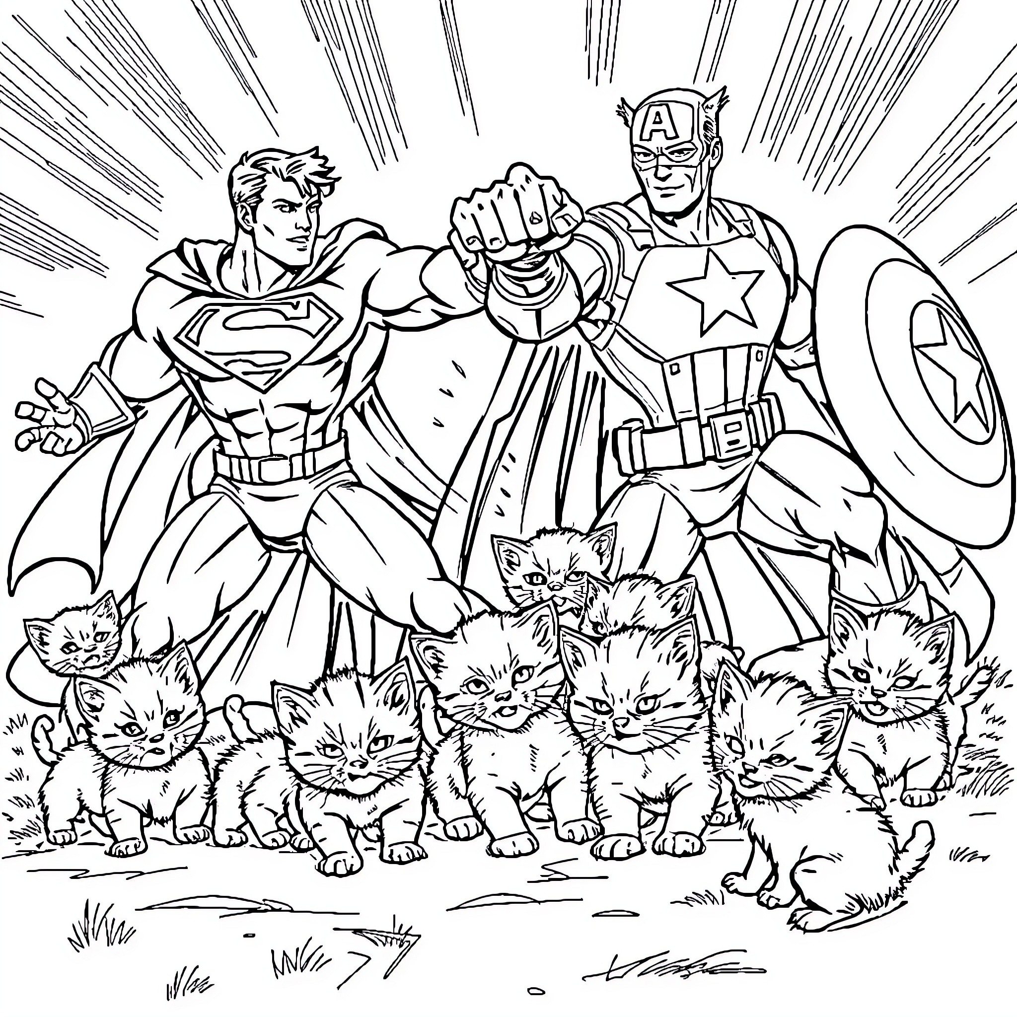Superman and Captain America saving adorable kittens Coloring Page (free black-and-white line drawing printable PDF for all, from beginners to advanced learners, including children, teens, adults, and seniors)