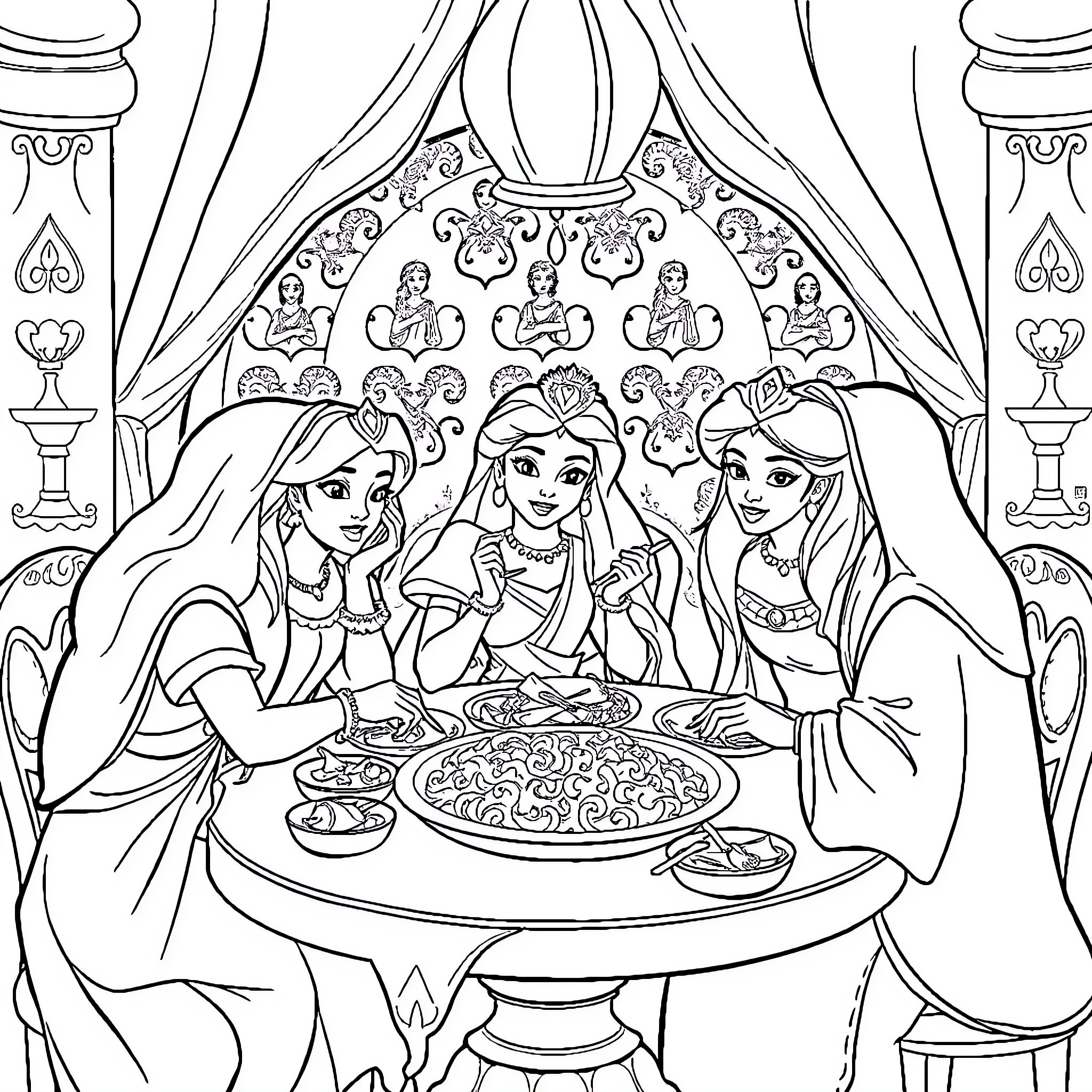 Sleeping Beauty and her friends enjoy a festive meal Coloring Page (free black-and-white line drawing printable PDF for all, from beginners to advanced learners, including children, teens, adults, and seniors)