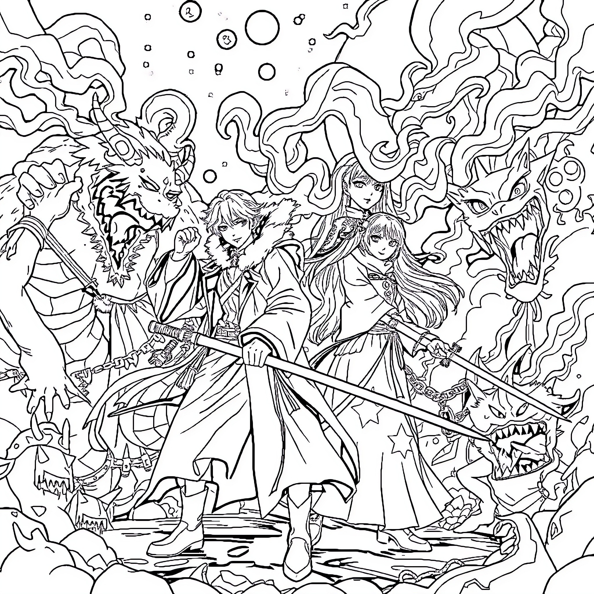 Kpop Demon Hunter's Fierce Battle with Mythical Creatures Coloring Page (free black-and-white line drawing printable PDF for all, from beginners to advanced learners, including children, teens, adults, and seniors)