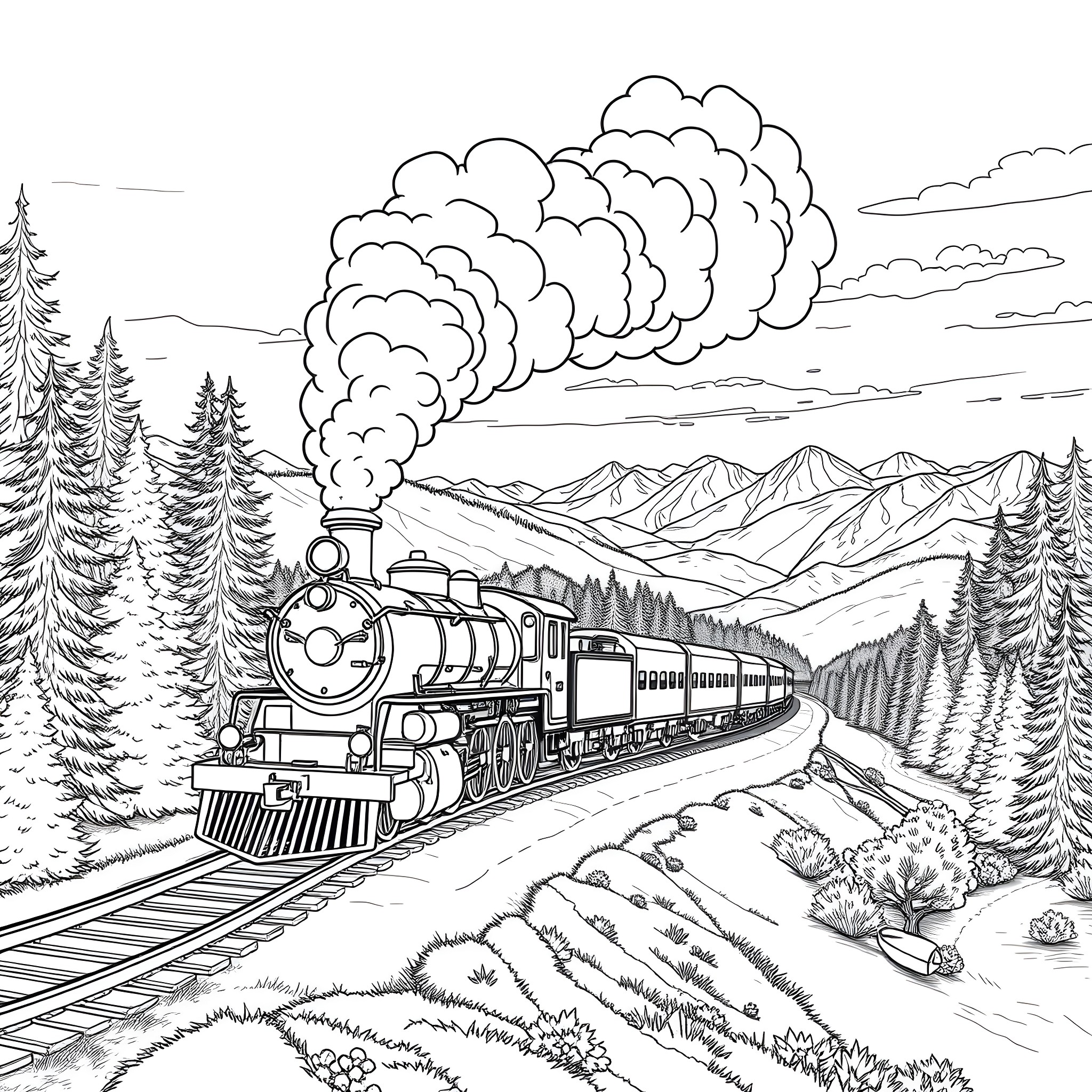 Steam Train Traveling Through Mountainous Landscape Coloring Page (free black-and-white line drawing printable PDF for all, from beginners to advanced learners, including children, teens, adults, and seniors)