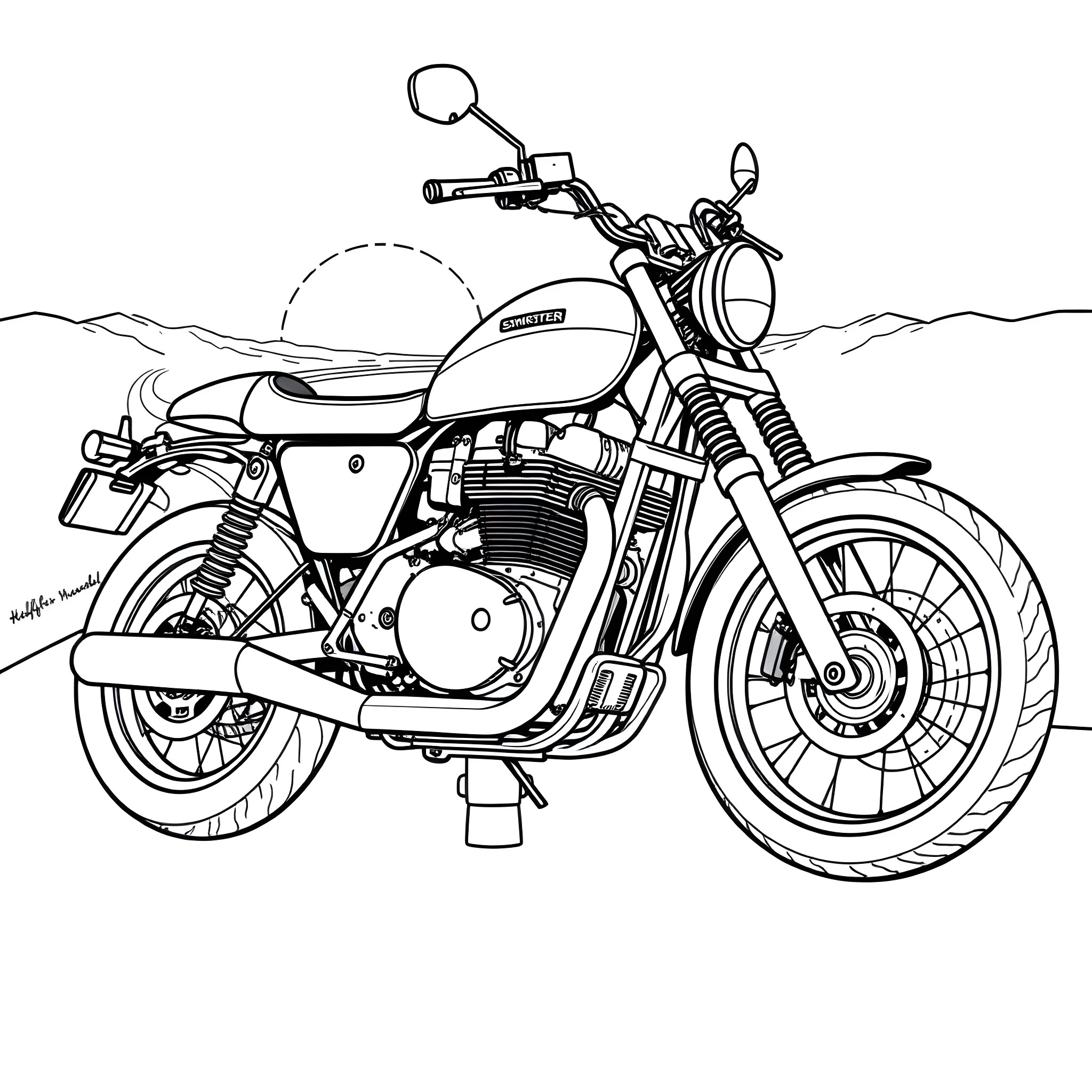 XL1200 Sportster motorbike in scenic landscape Coloring Page (free black-and-white line drawing printable PDF for all, from beginners to advanced learners, including children, teens, adults, and seniors)