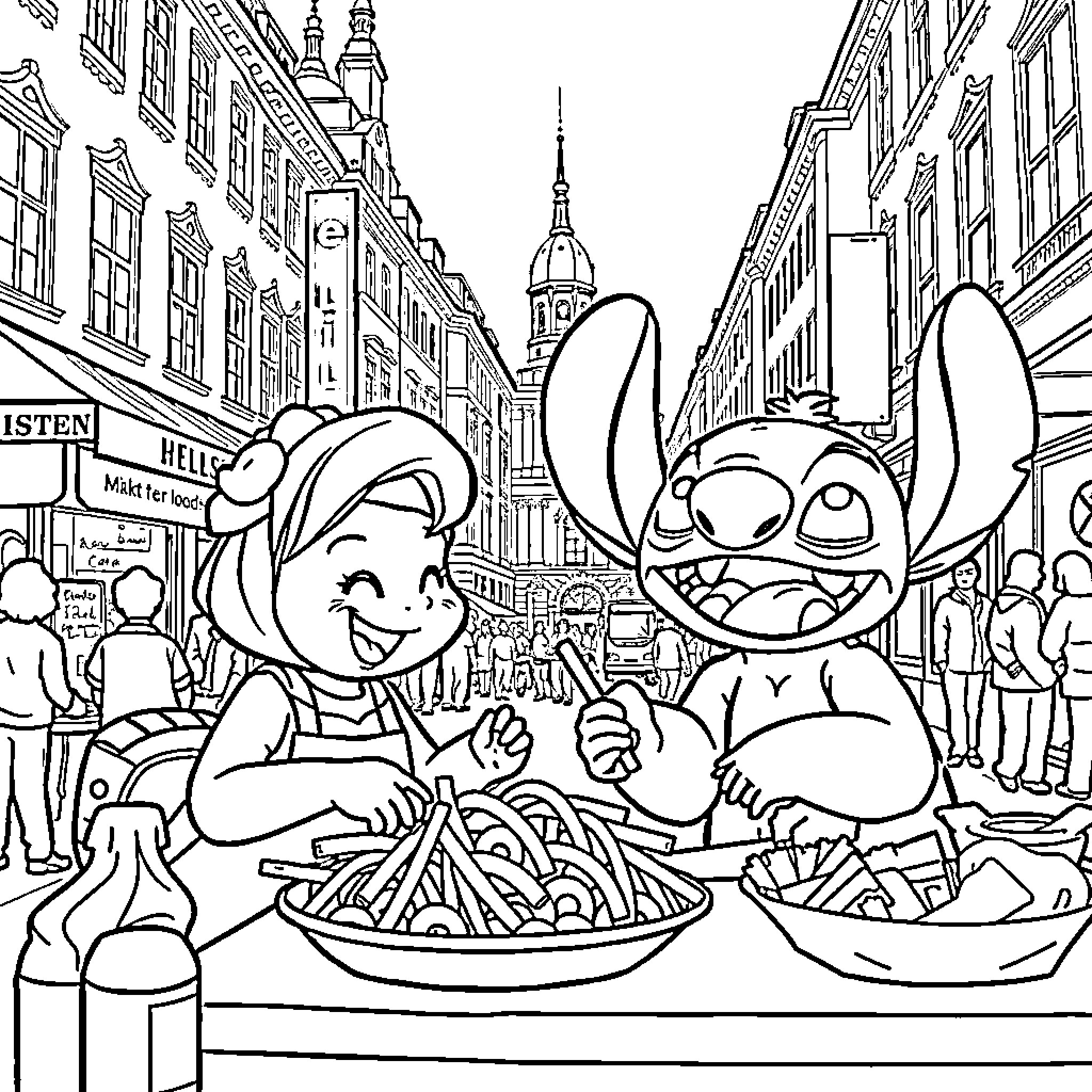 Lilo and Stitch enjoy a meal in the city Coloring Page (free black-and-white line drawing printable PDF for all, from beginners to advanced learners, including children, teens, adults, and seniors)