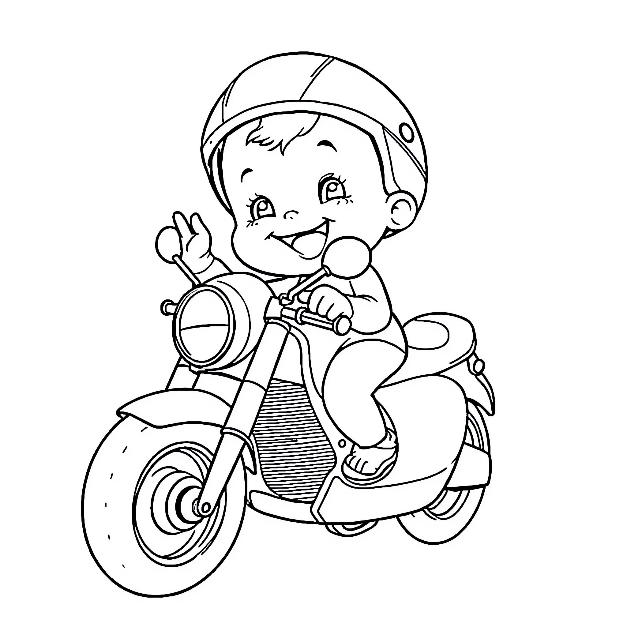 Baby riding a motorcycle with joy Coloring Page (free black-and-white line drawing printable PDF for all, from beginners to advanced learners, including children, teens, adults, and seniors)