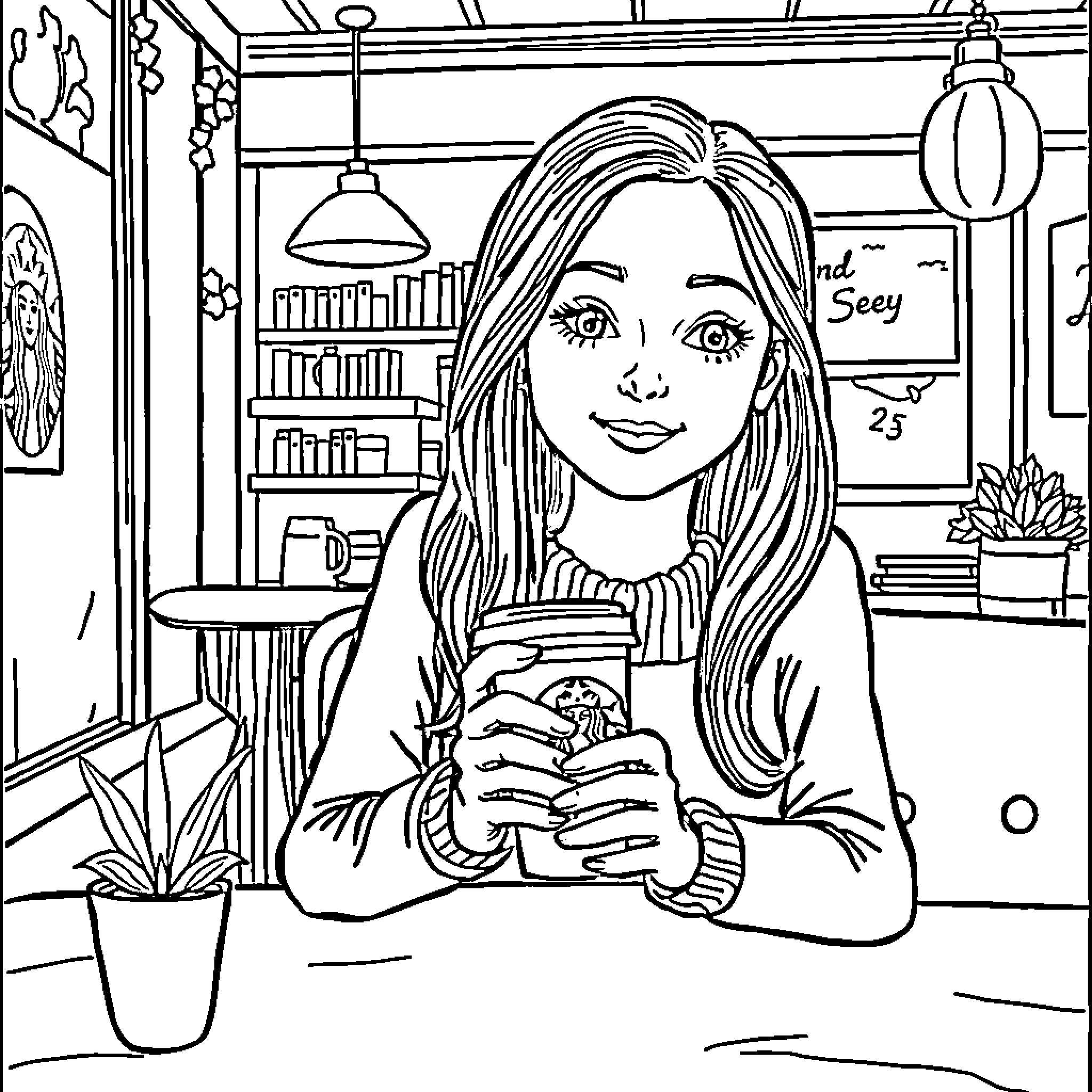 Girl drinking coffee in a cozy cafe Coloring Page (free black-and-white line drawing printable PDF for all, from beginners to advanced learners, including children, teens, adults, and seniors)