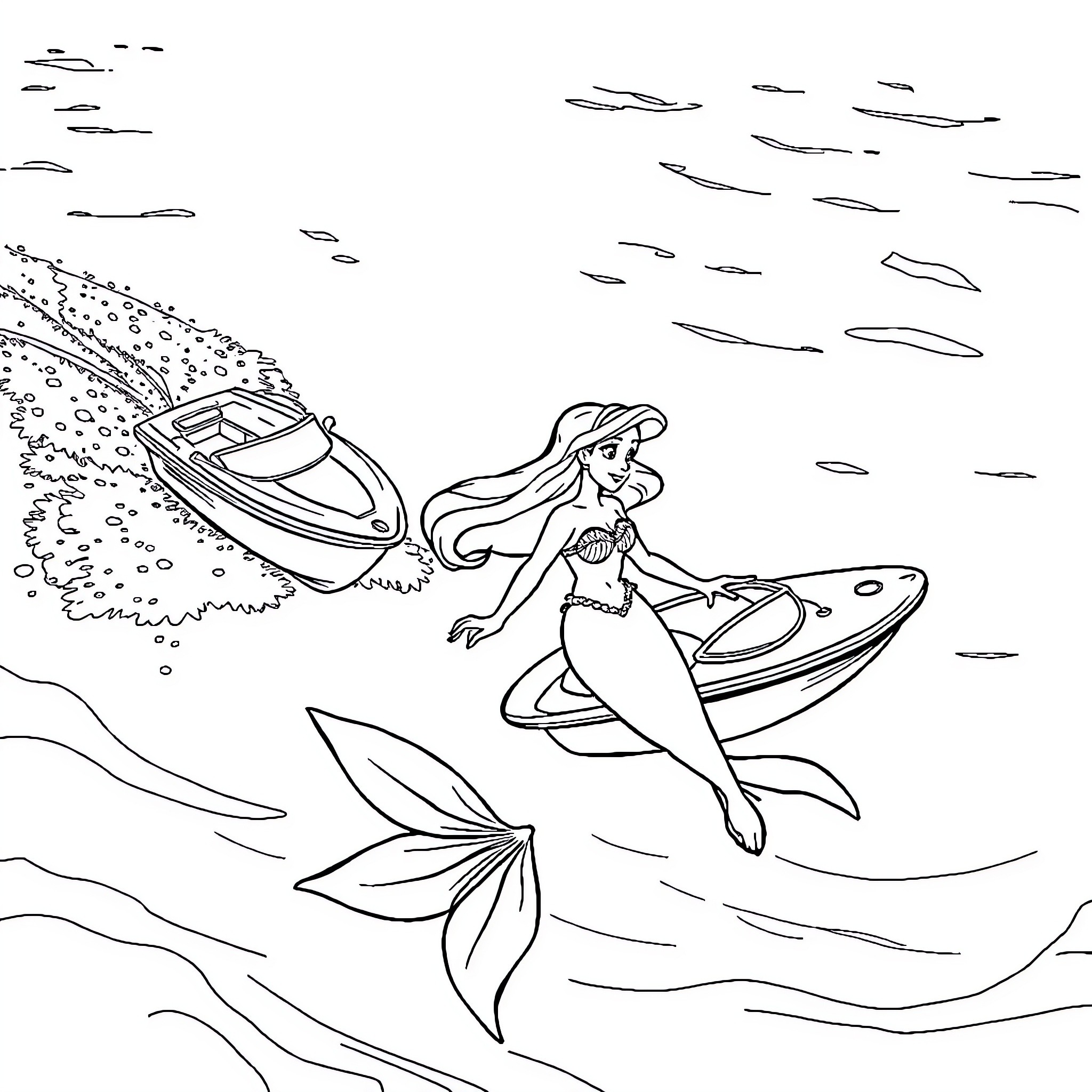 Ariel surfing on the waves with a boat Coloring Page (free black-and-white line drawing printable PDF for all, from beginners to advanced learners, including children, teens, adults, and seniors)