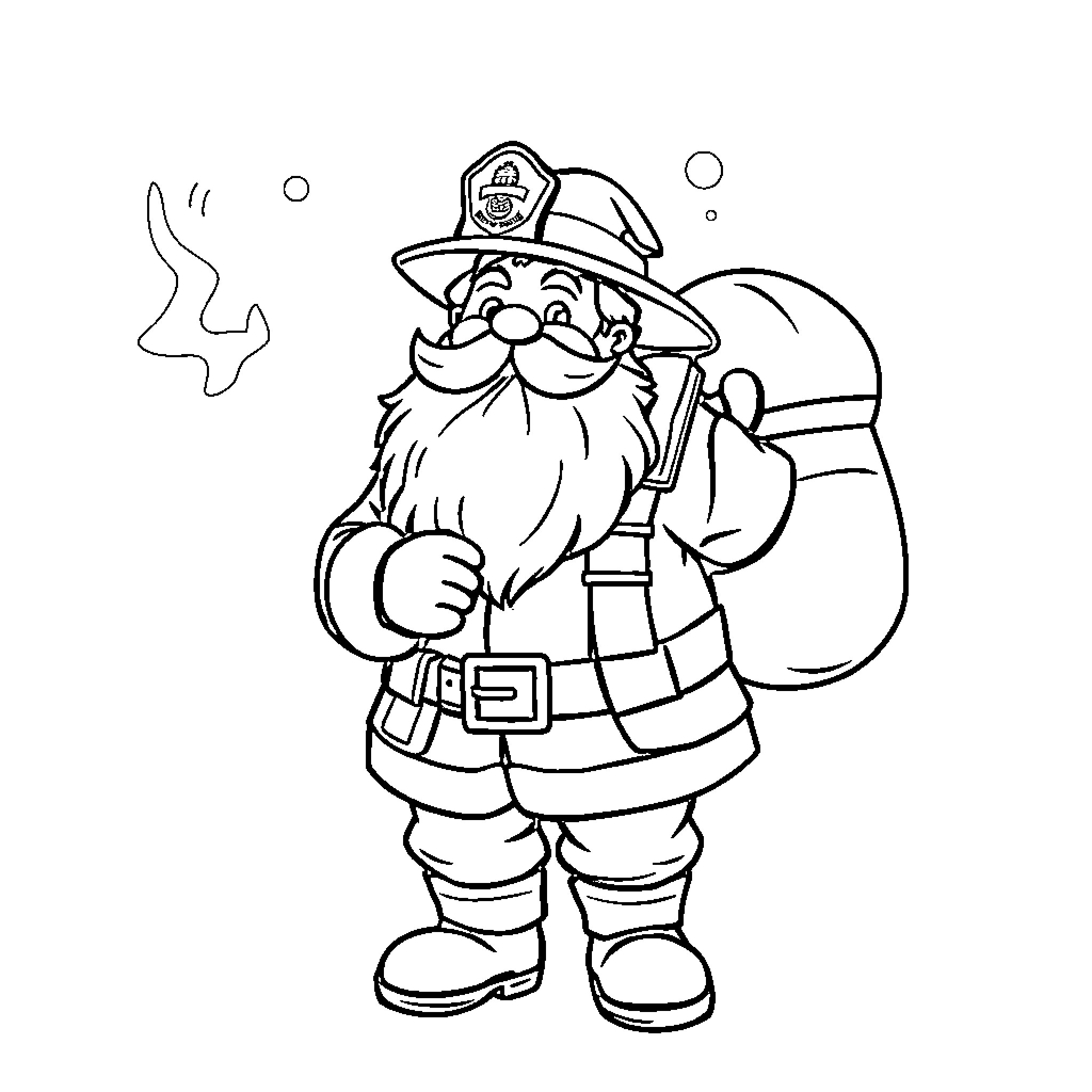 Firefighter Santa delivering gifts in the snow Coloring Page (free black-and-white line drawing printable PDF for all, from beginners to advanced learners, including children, teens, adults, and seniors)
