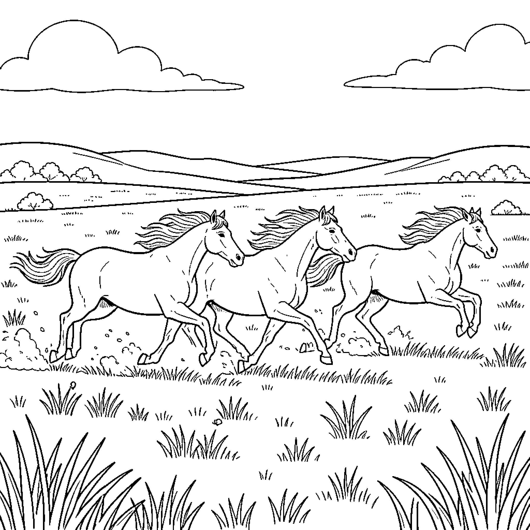 Horse herd galloping across a wide open field Coloring Page (free black-and-white line drawing printable PDF for all, from beginners to advanced learners, including children, teens, adults, and seniors)