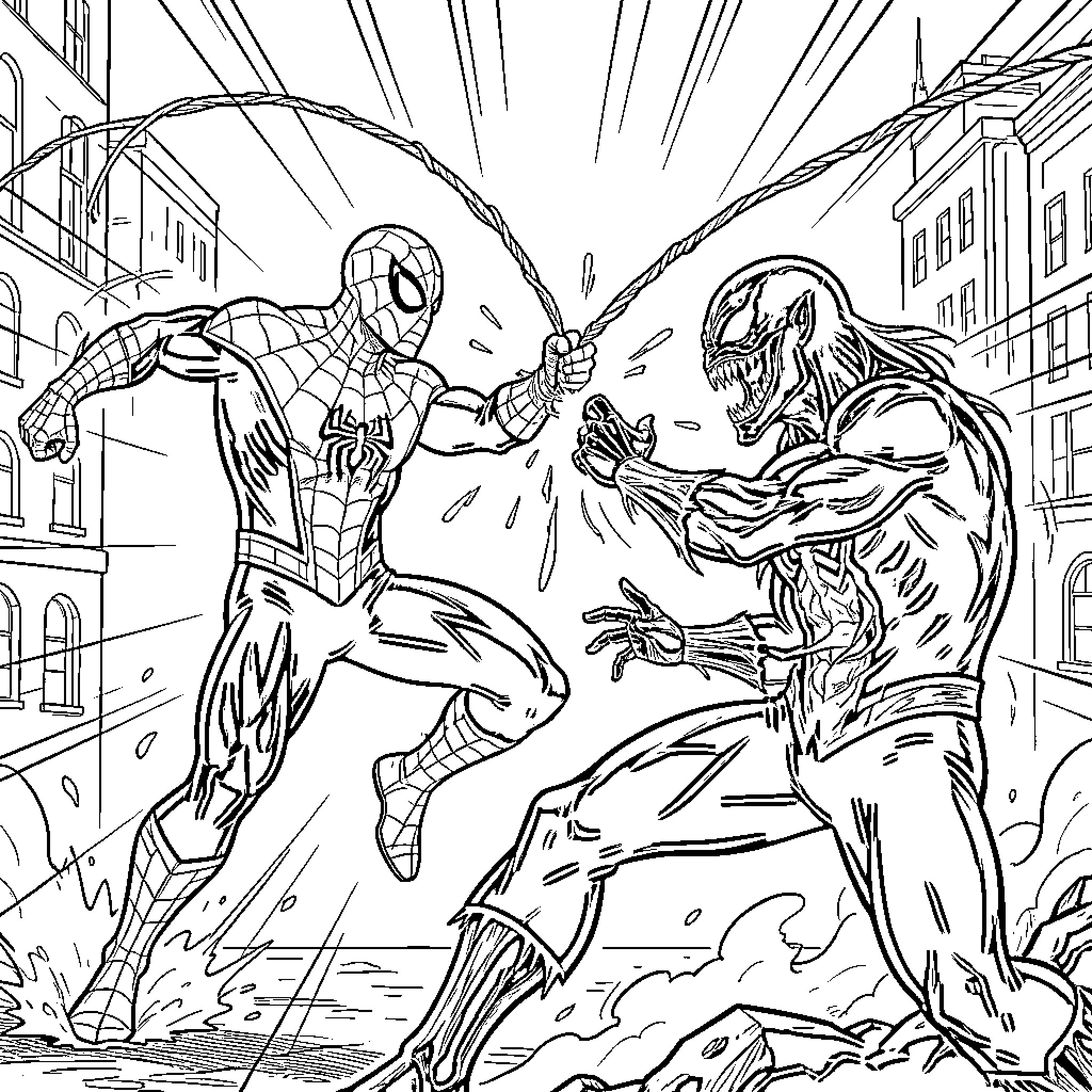 Spiderman battling a powerful villain in the city Coloring Page (free black-and-white line drawing printable PDF for all, from beginners to advanced learners, including children, teens, adults, and seniors)