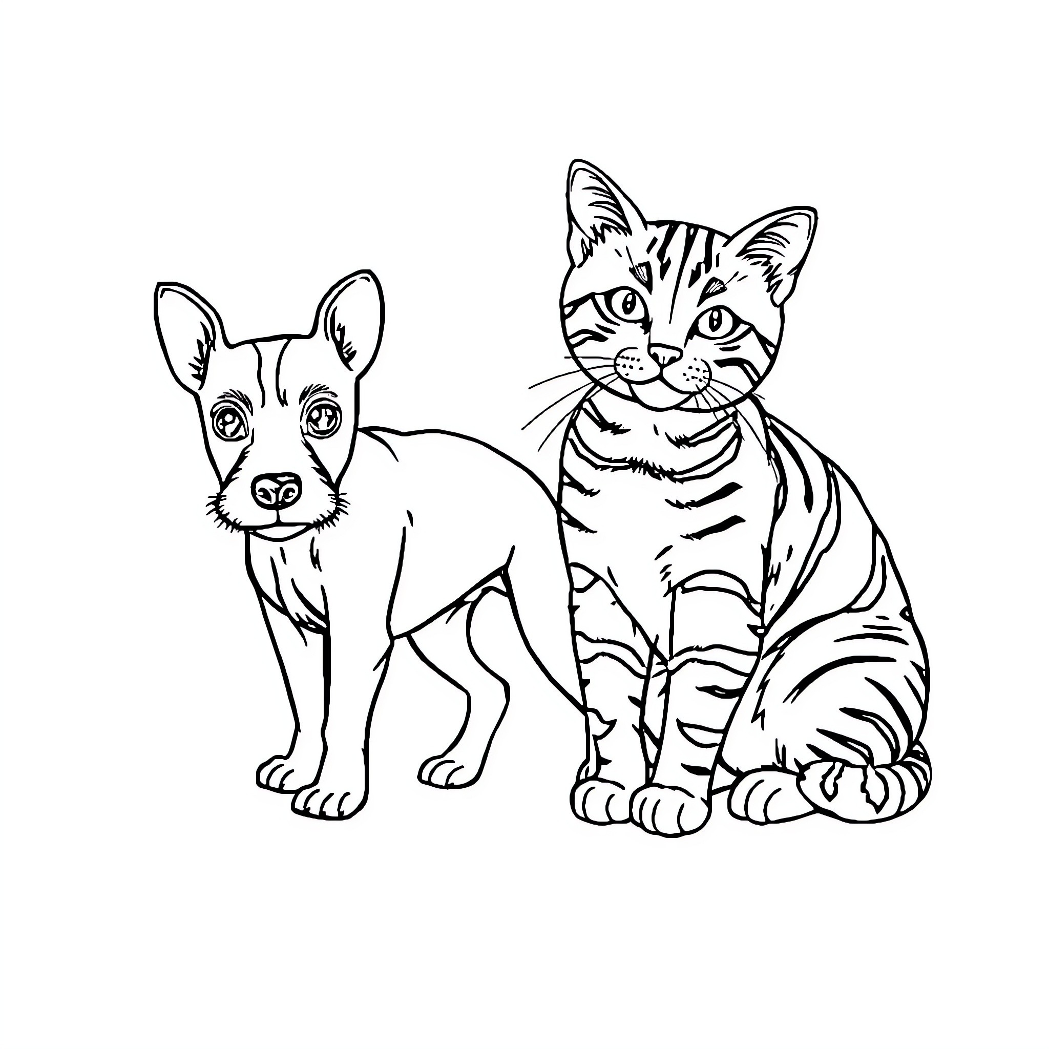 Rat Terrier and tabby cat portrait Coloring Page (free black-and-white line drawing printable PDF for all, from beginners to advanced learners, including children, teens, adults, and seniors)