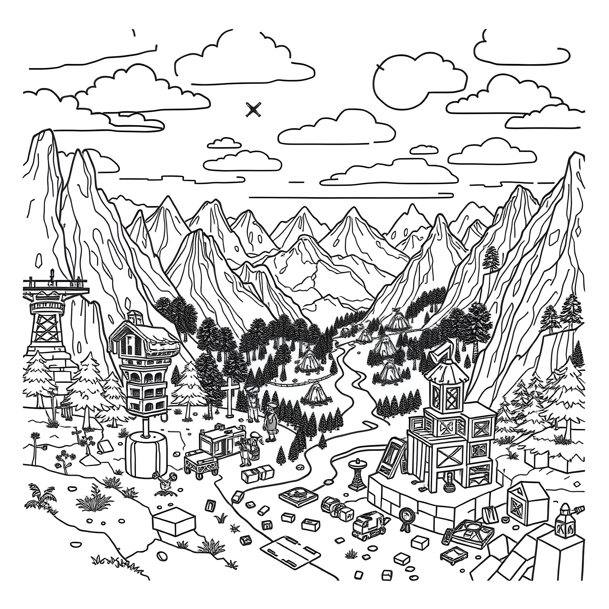 Minecraft landscape with mountainous terrain and villages Coloring Page (free black-and-white line drawing printable PDF for all, from beginners to advanced learners, including children, teens, adults, and seniors)
