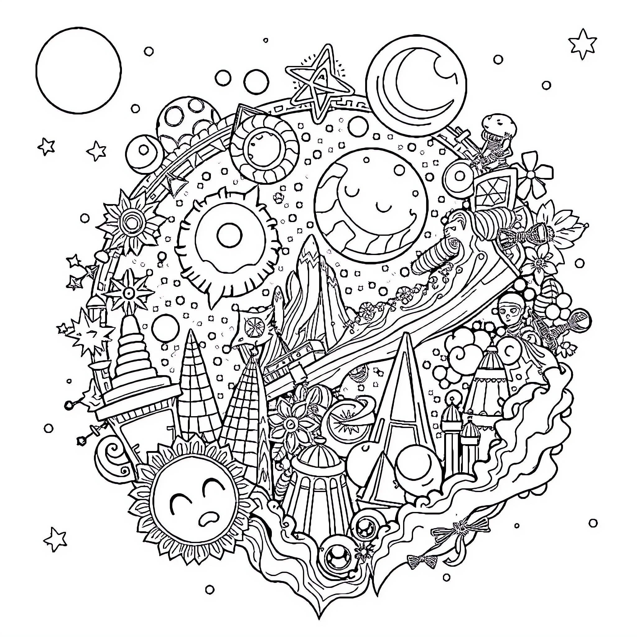 Universe of Whimsical Cosmic Doodles Coloring Page (free black-and-white line drawing printable PDF for all, from beginners to advanced learners, including children, teens, adults, and seniors)