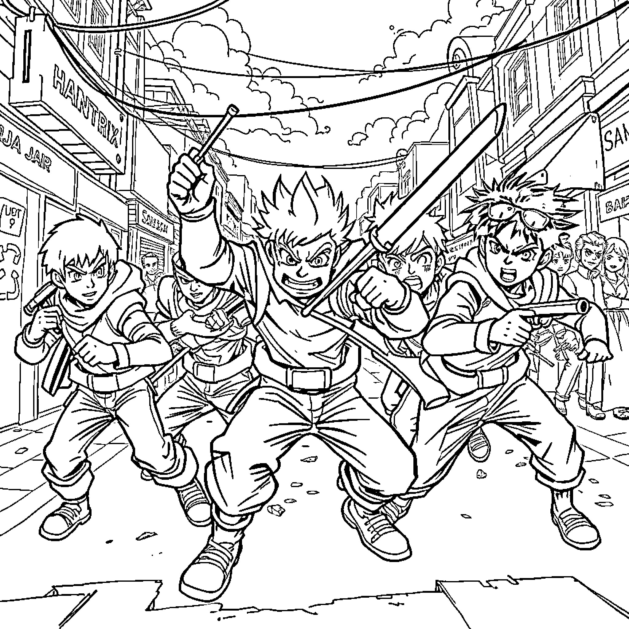 Huntix: Anime Heroes in Intense Battle Coloring Page (free black-and-white line drawing printable PDF for all, from beginners to advanced learners, including children, teens, adults, and seniors)