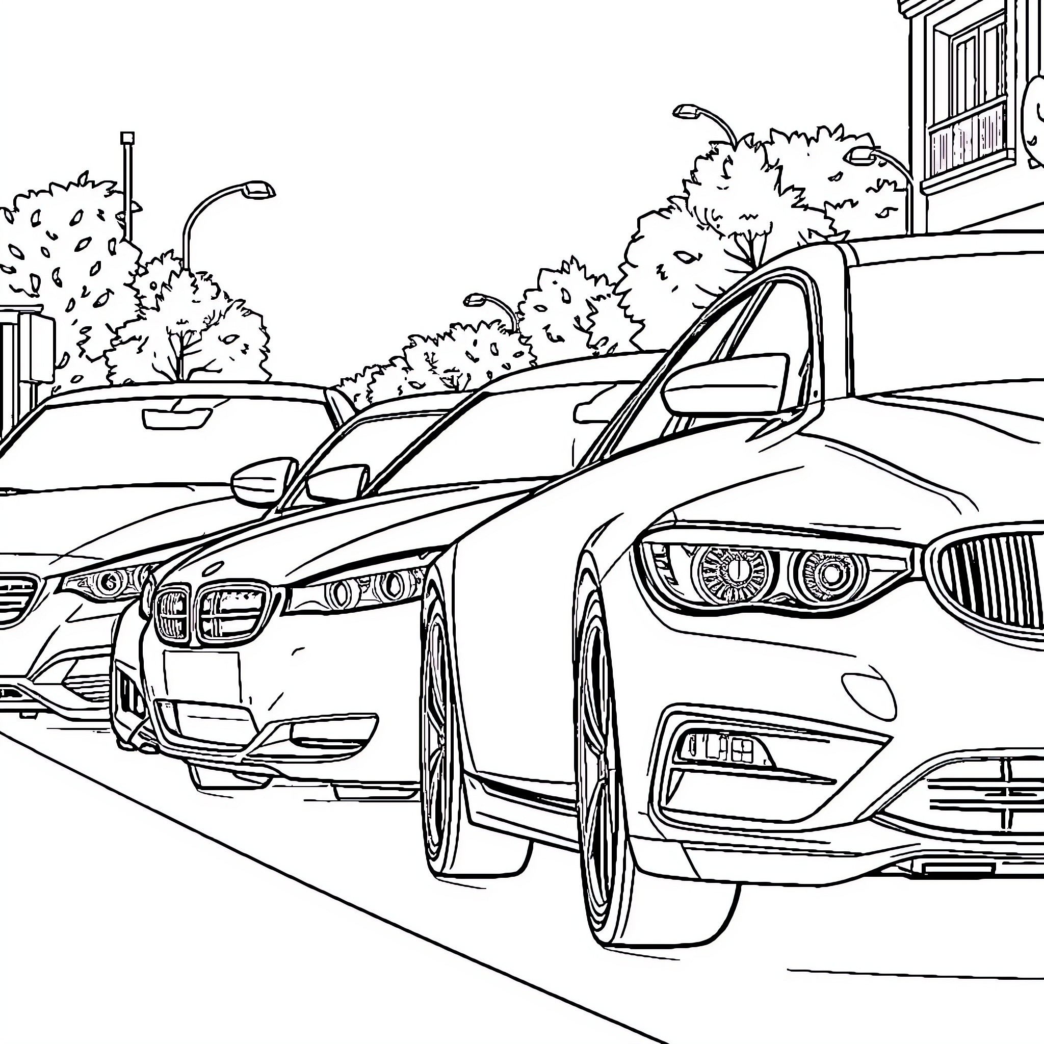 Cars parked on the street in front of buildings Coloring Page (free black-and-white line drawing printable PDF for all, from beginners to advanced learners, including children, teens, adults, and seniors)
