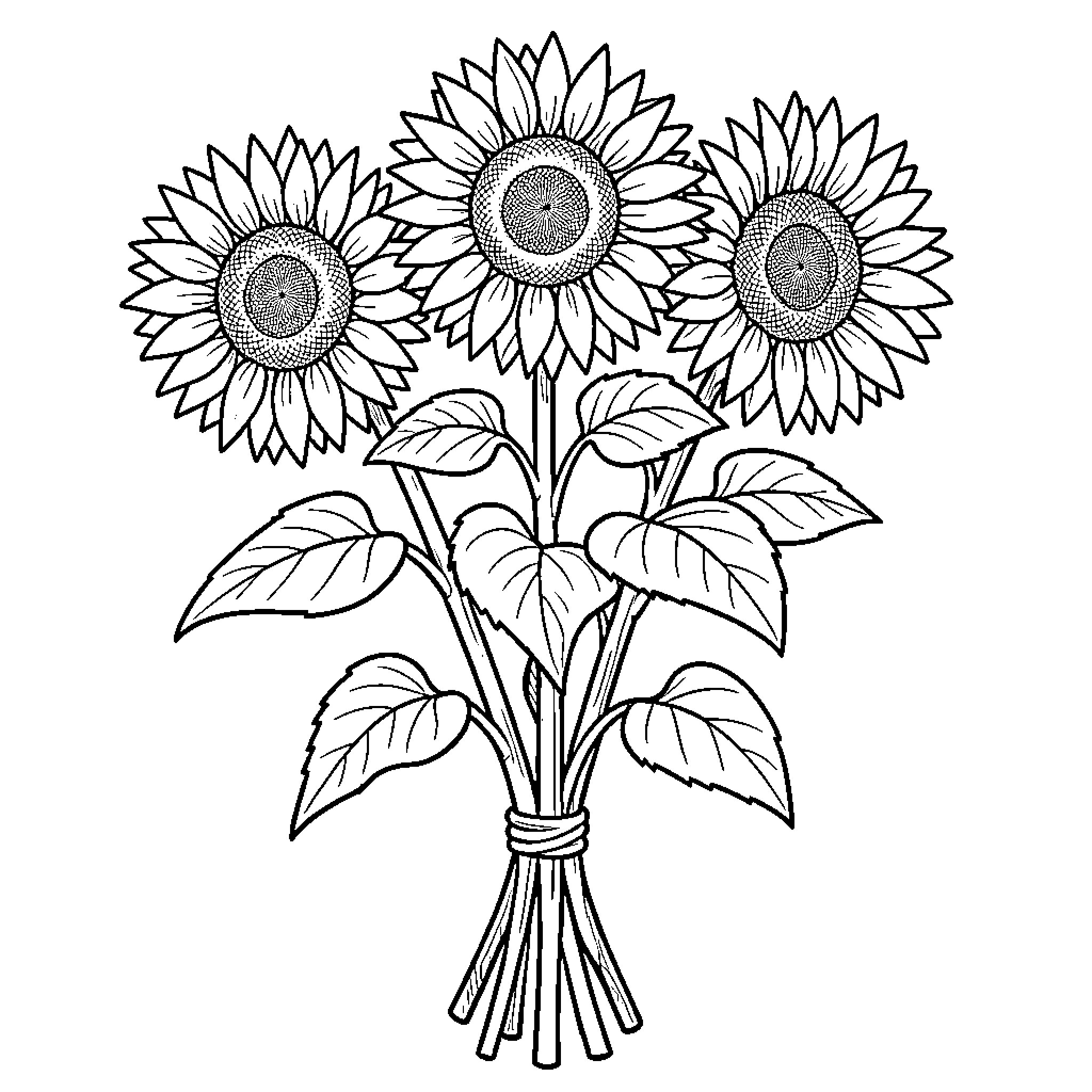 Sunflower bouquet in line art Coloring Page (free black-and-white line drawing printable PDF for all, from beginners to advanced learners, including children, teens, adults, and seniors)