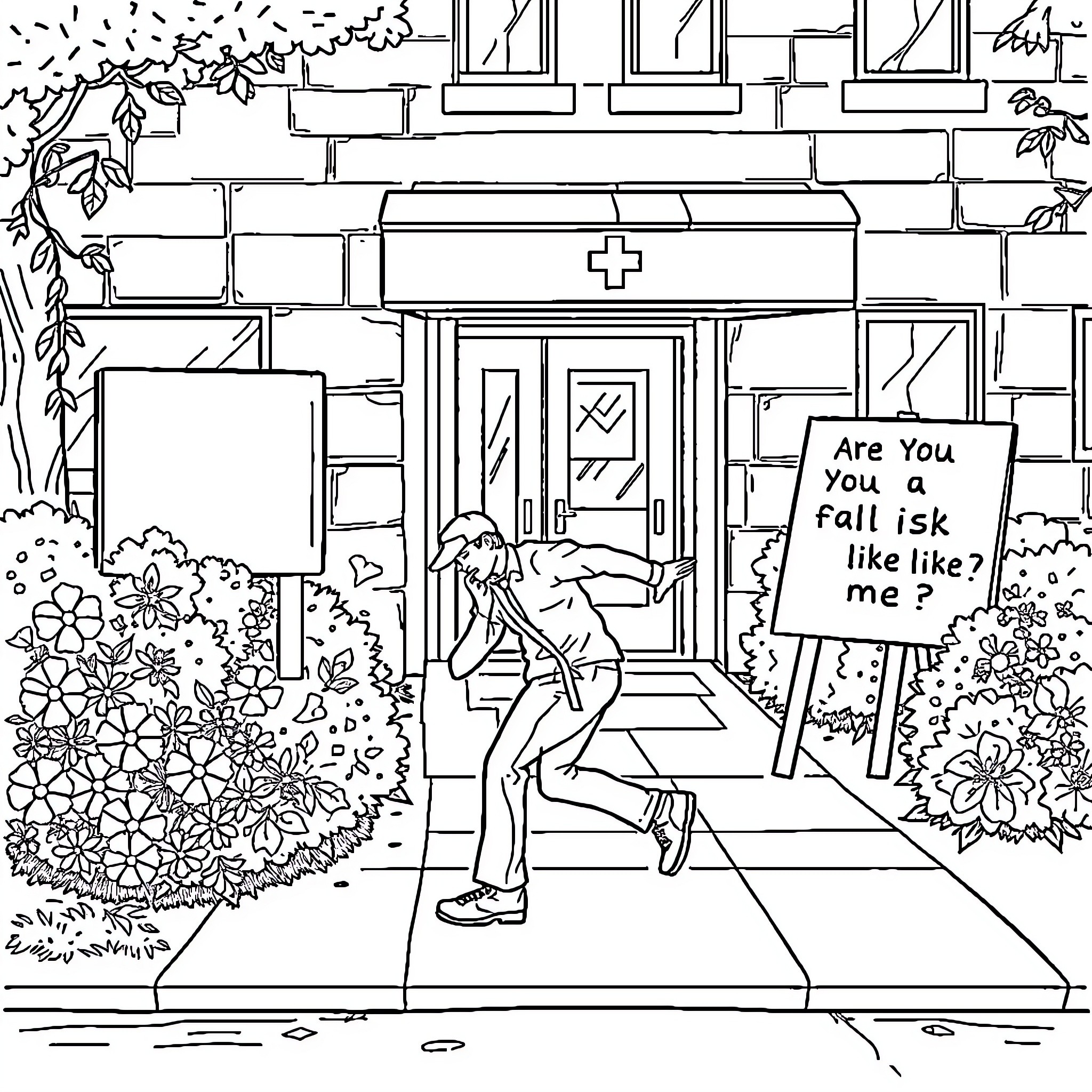 Man holding sign outside medical facility Coloring Page (free black-and-white line drawing printable PDF for all, from beginners to advanced learners, including children, teens, adults, and seniors)
