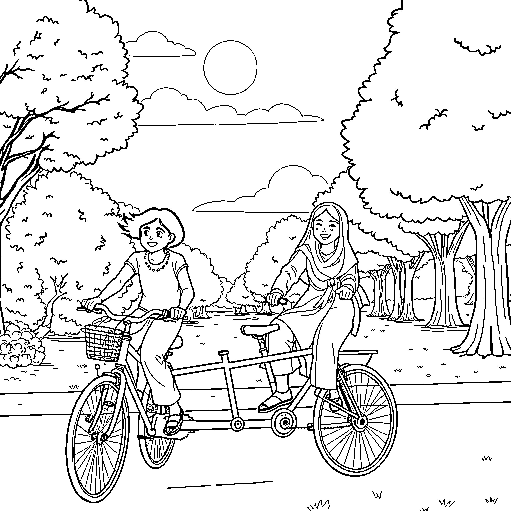 Rumi's Peaceful Outdoor Adventure on a Tandem Bicycle Coloring Page (free black-and-white line drawing printable PDF for all, from beginners to advanced learners, including children, teens, adults, and seniors)
