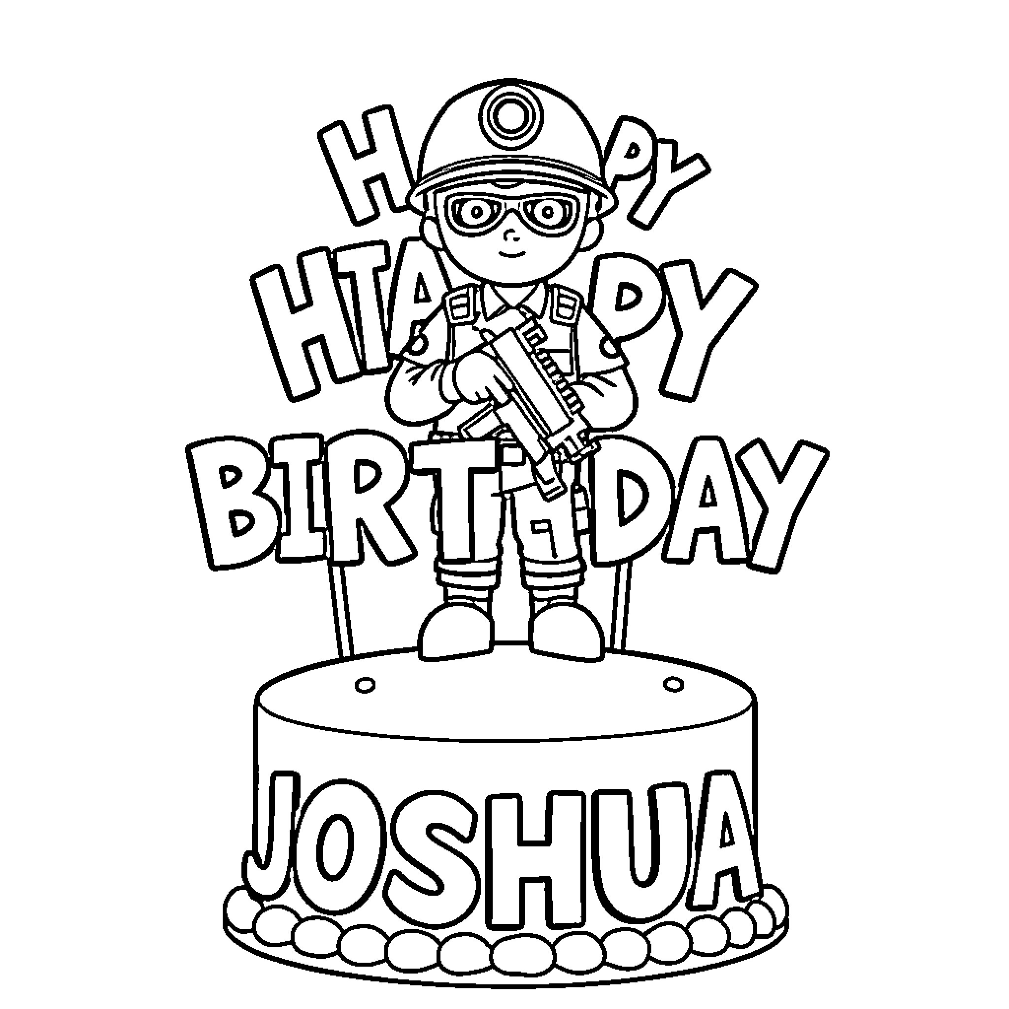 Cake Topper of a Happy Birthday Boy with Tool Belt Coloring Page (free black-and-white line drawing printable PDF for all, from beginners to advanced learners, including children, teens, adults, and seniors)