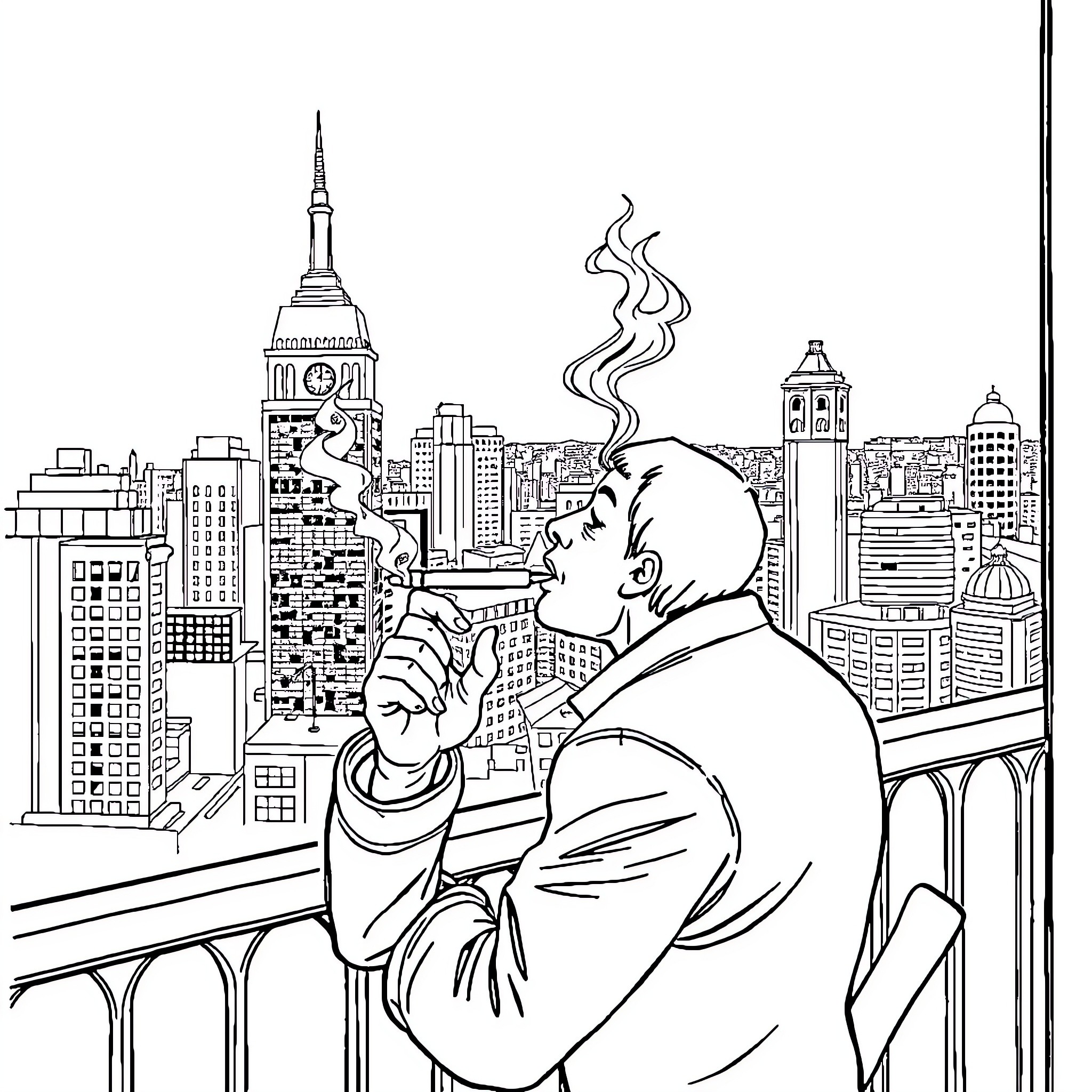 Balcony view of a pensive man overlooking a cityscape Coloring Page (free black-and-white line drawing printable PDF for all, from beginners to advanced learners, including children, teens, adults, and seniors)