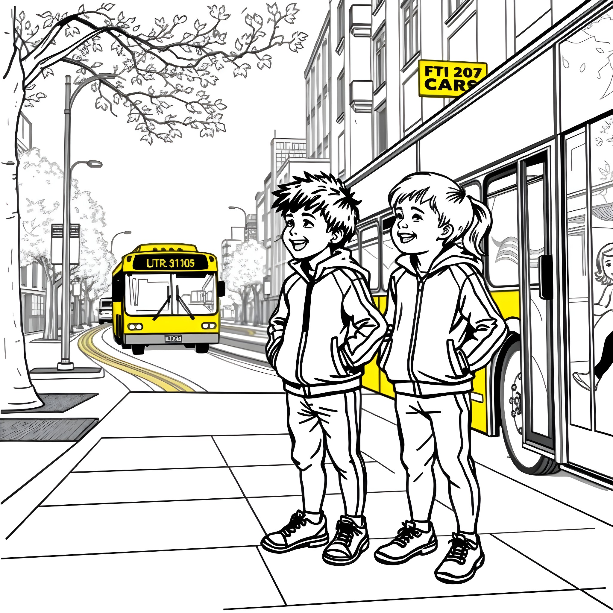 Children waiting for the bus on a city street Coloring Page (free black-and-white line drawing printable PDF for all, from beginners to advanced learners, including children, teens, adults, and seniors)