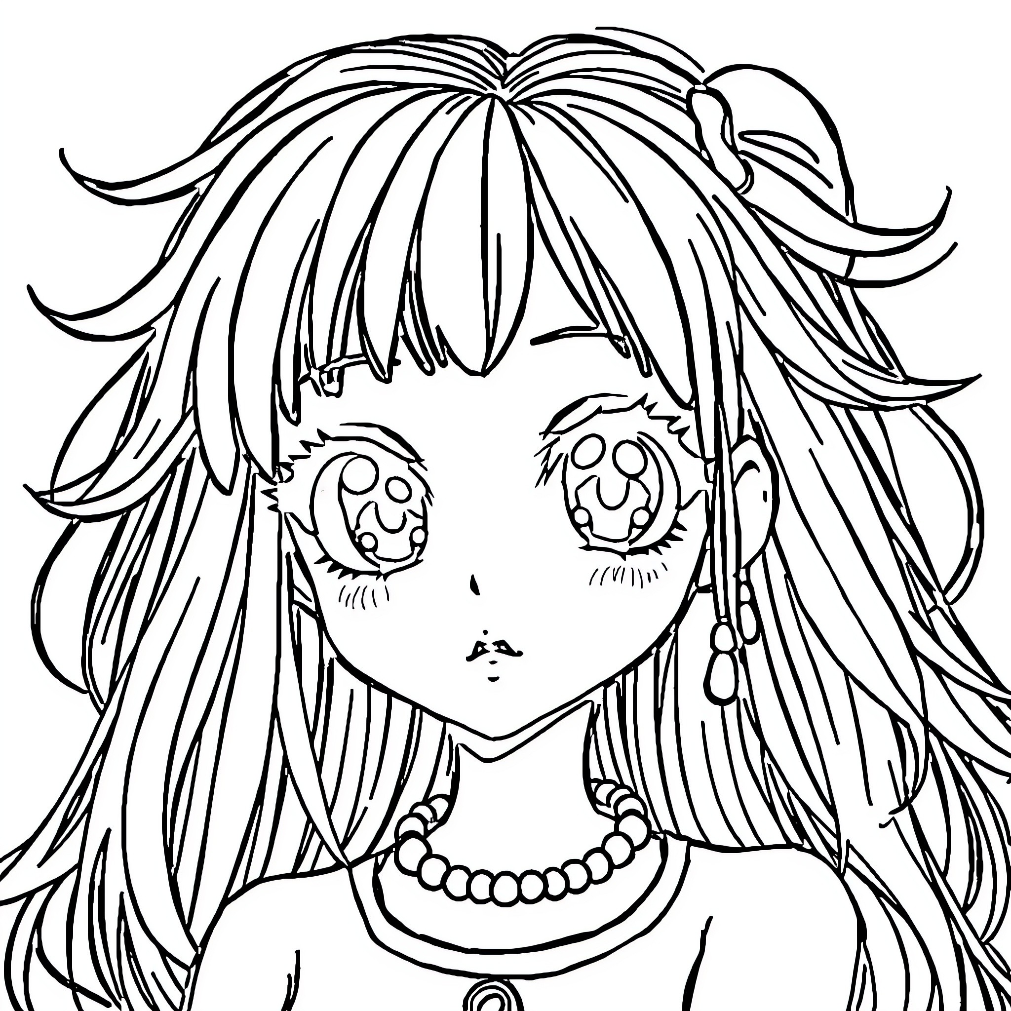 Anime Girl with Flowing Hair and Unique Accessories Coloring Page (free black-and-white line drawing printable PDF for all, from beginners to advanced learners, including children, teens, adults, and seniors)