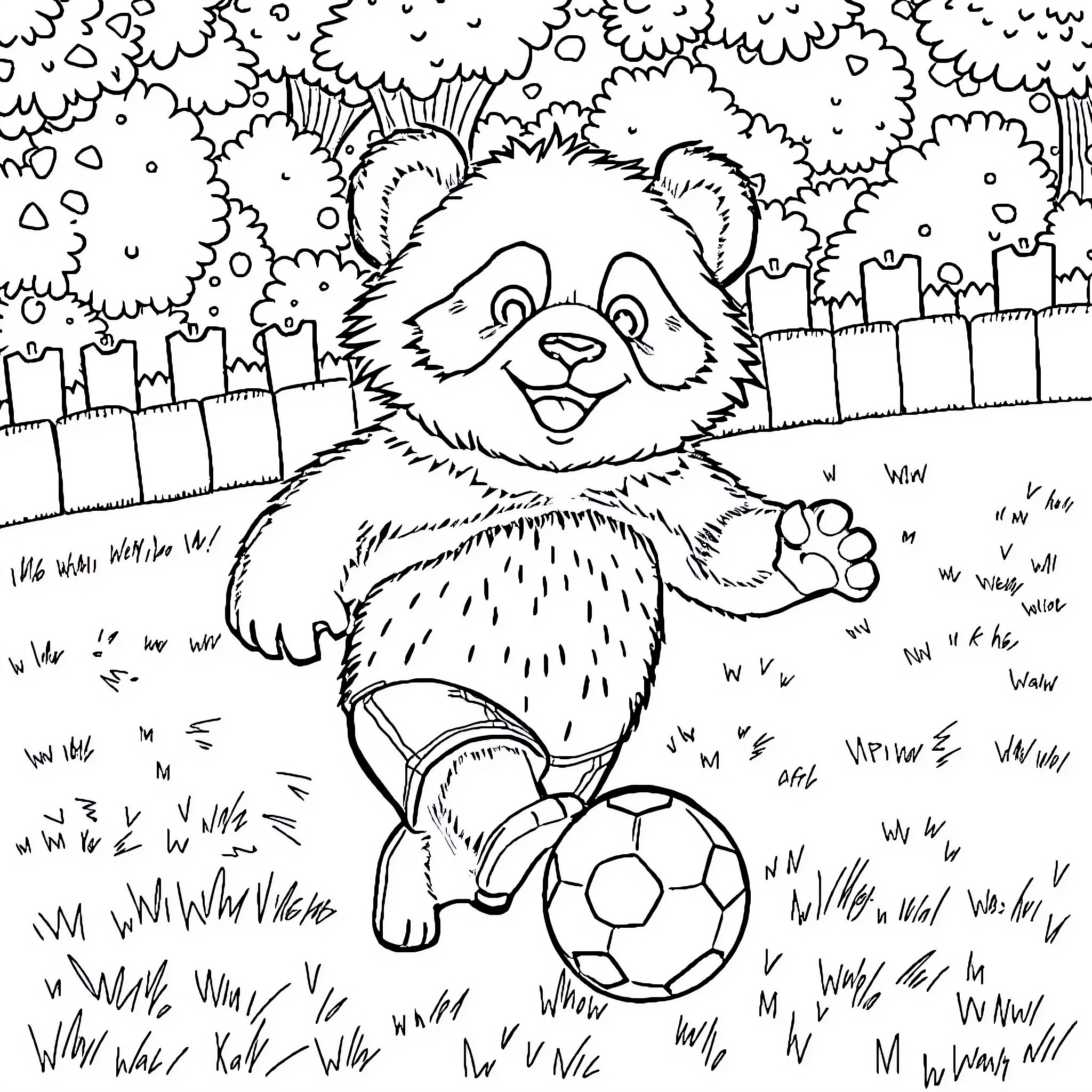 Panda playing happily with soccer ball in park Coloring Page (free black-and-white line drawing printable PDF for all, from beginners to advanced learners, including children, teens, adults, and seniors)