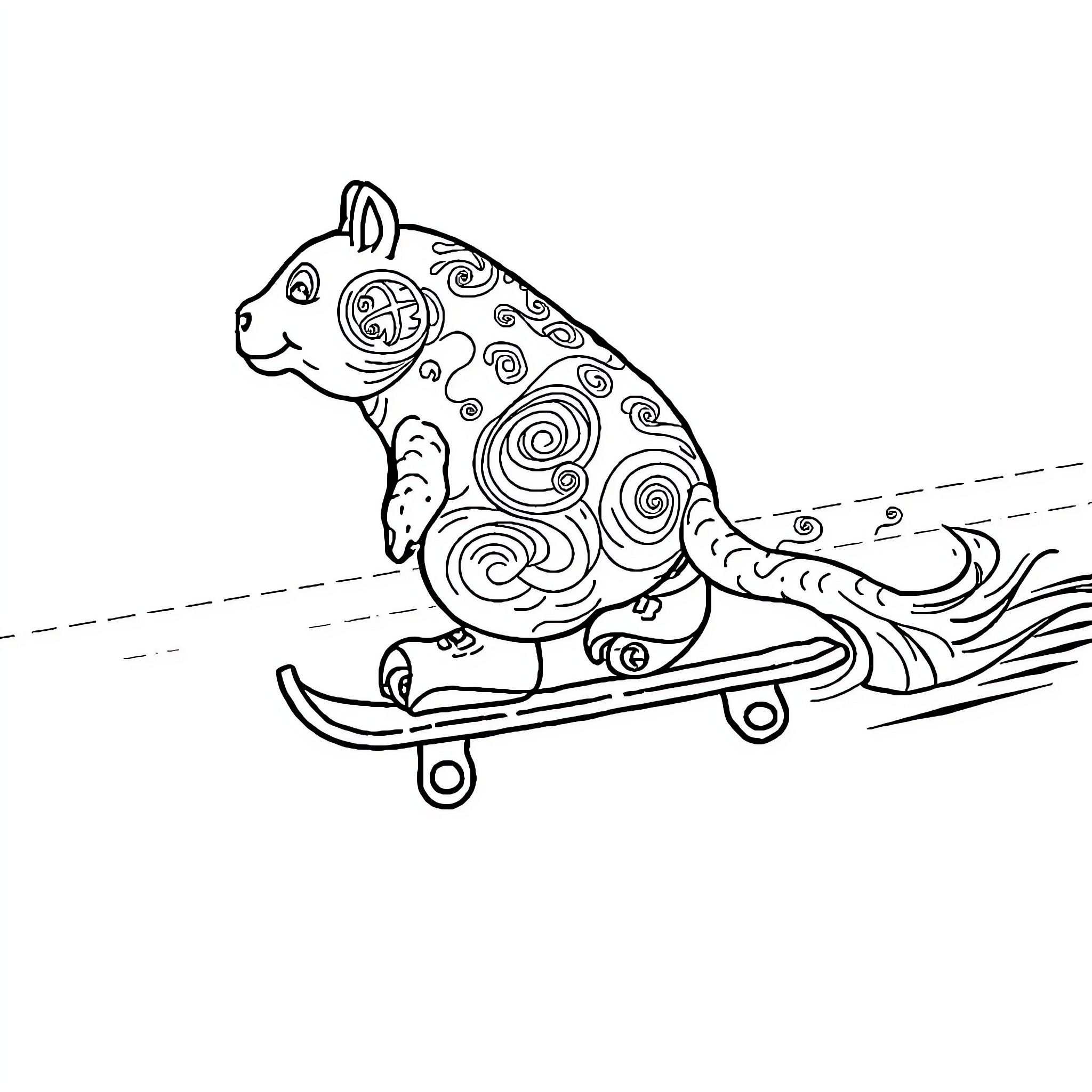 Pétard animal skateboarding with swirling patterns Coloring Page (free black-and-white line drawing printable PDF for all, from beginners to advanced learners, including children, teens, adults, and seniors)