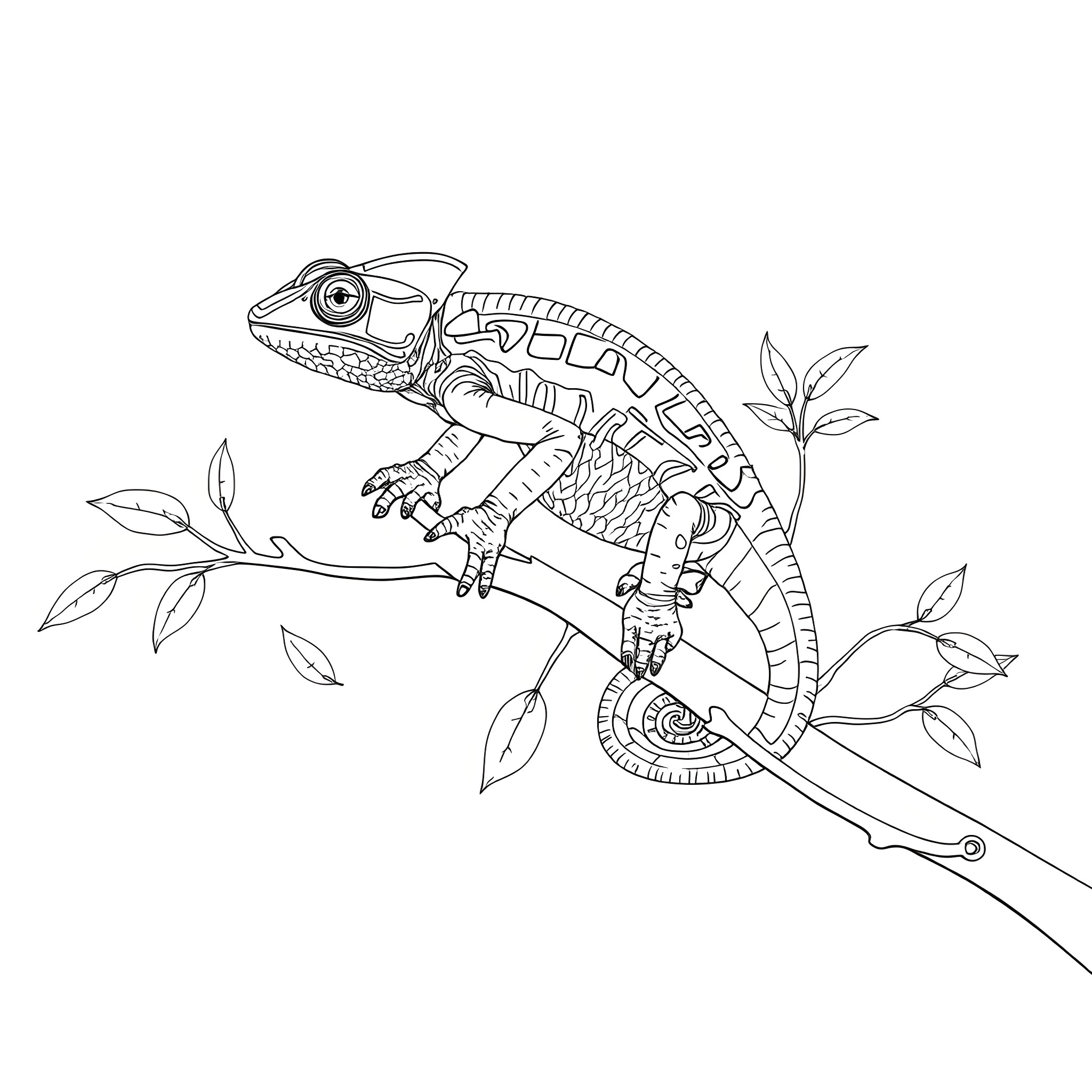 Chameleon climbing gracefully on a branch Coloring Page (free black-and-white line drawing printable PDF for all, from beginners to advanced learners, including children, teens, adults, and seniors)