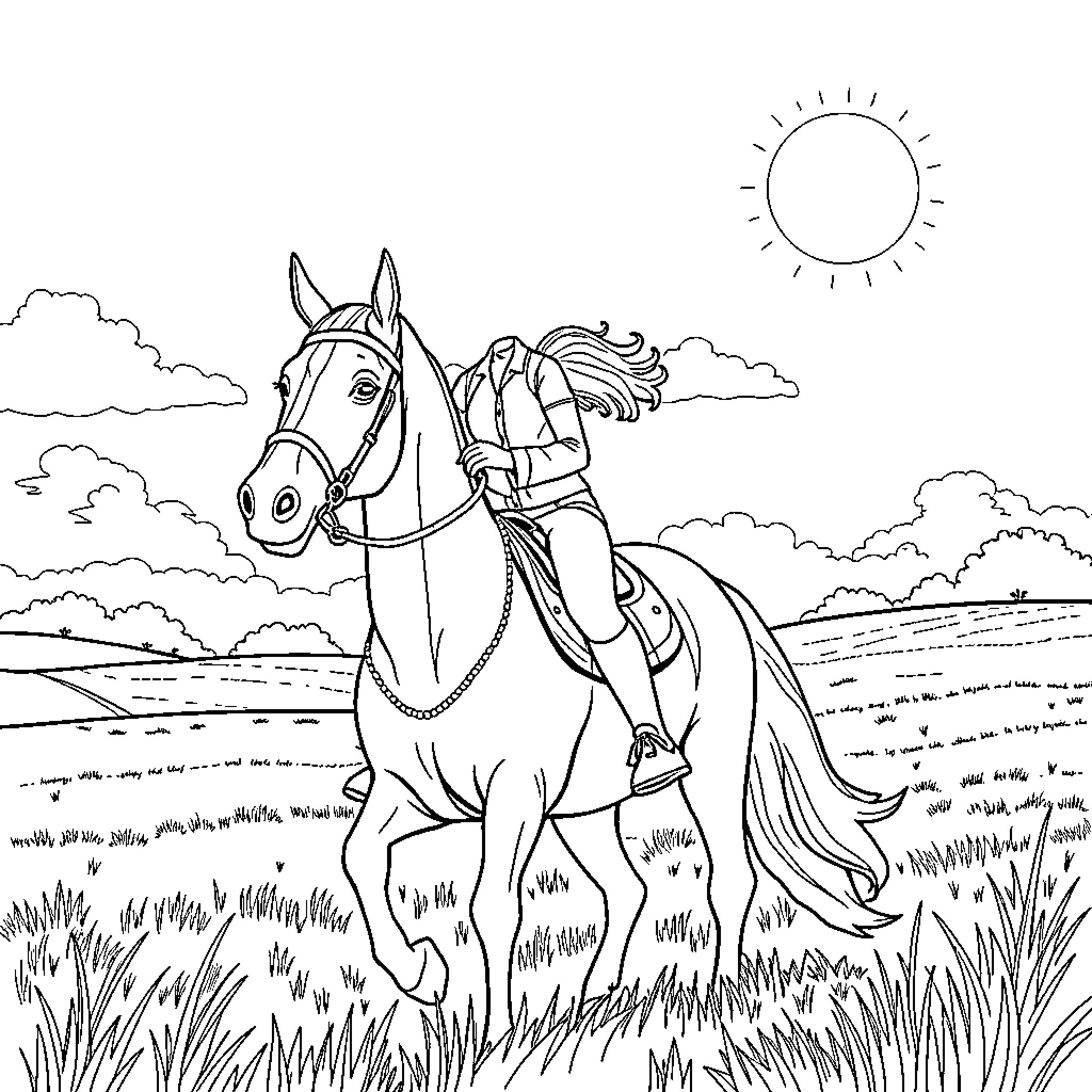 Romi's Carefree Ride on the Meadow Coloring Page (free black-and-white line drawing printable PDF for all, from beginners to advanced learners, including children, teens, adults, and seniors)