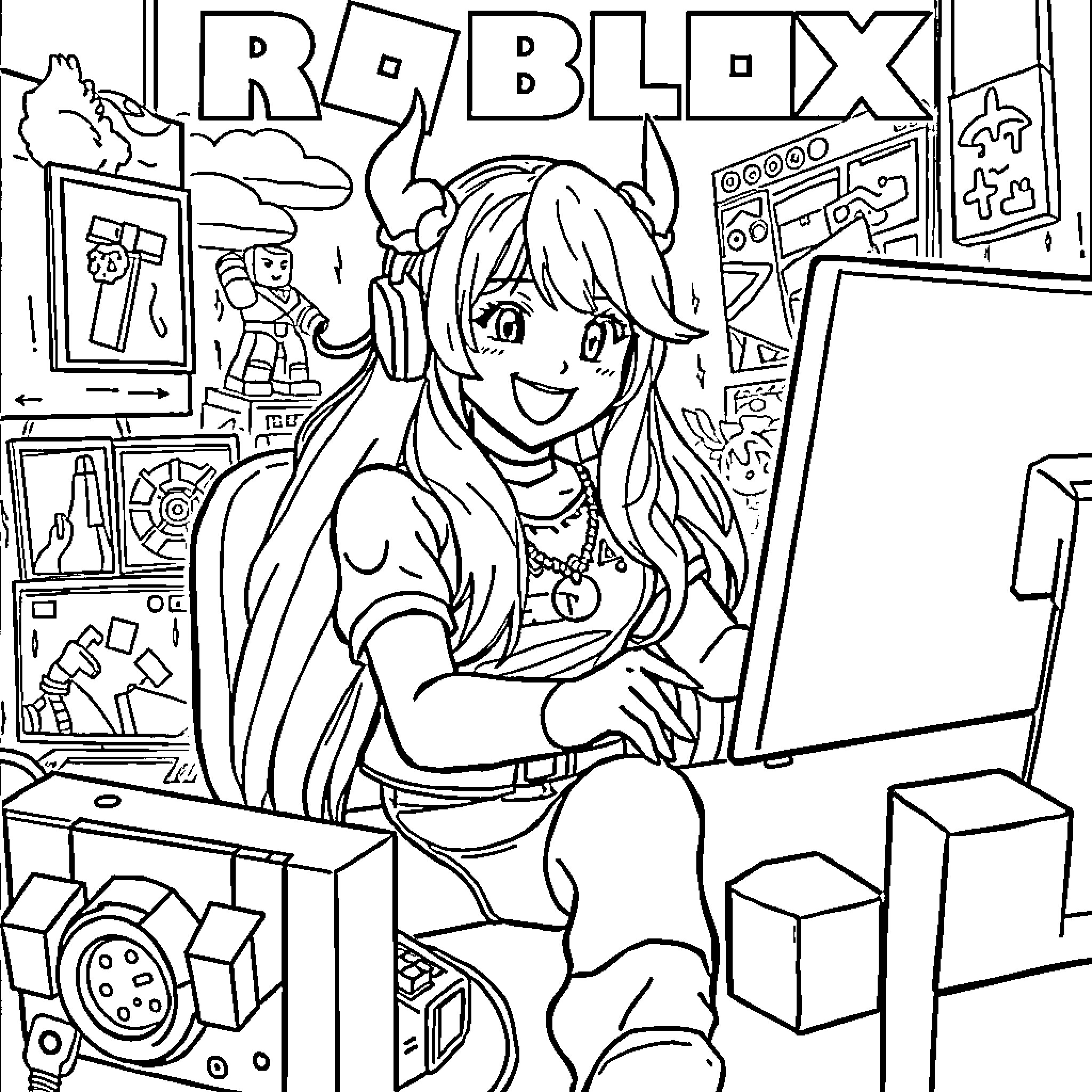 Rumi's Joyful Gaming Adventure in Roblox Coloring Page (free black-and-white line drawing printable PDF for all, from beginners to advanced learners, including children, teens, adults, and seniors)