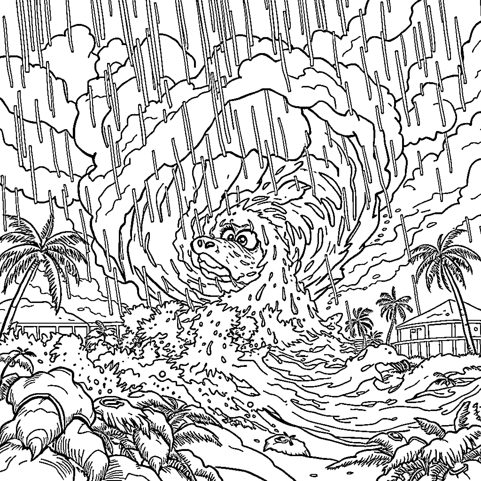 Hurricane Hitting Coastal Town with Heavy Rain and Wind Coloring Page (free black-and-white line drawing printable PDF for all, from beginners to advanced learners, including children, teens, adults, and seniors)