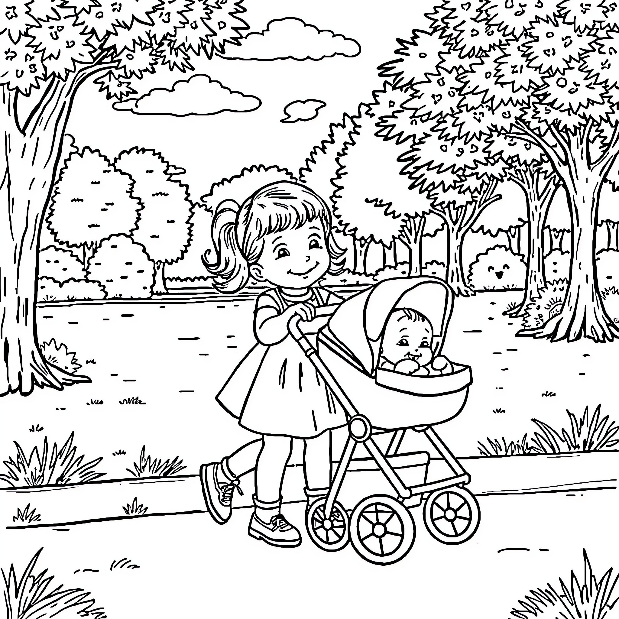 Toddler enjoying outdoors with baby stroller Coloring Page (free black-and-white line drawing printable PDF for all, from beginners to advanced learners, including children, teens, adults, and seniors)