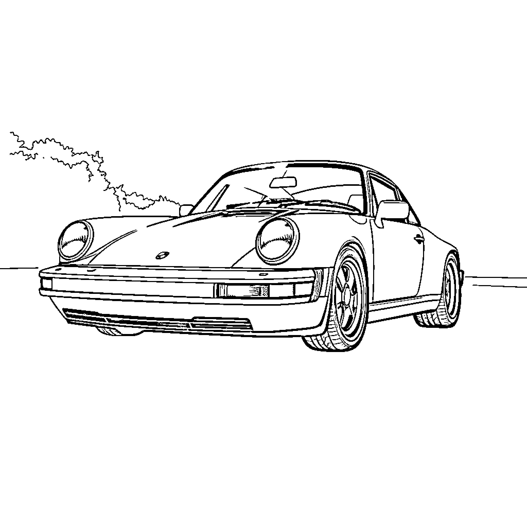 Porsche sports car in outline drawing Coloring Page (free black-and-white line drawing printable PDF for all, from beginners to advanced learners, including children, teens, adults, and seniors)