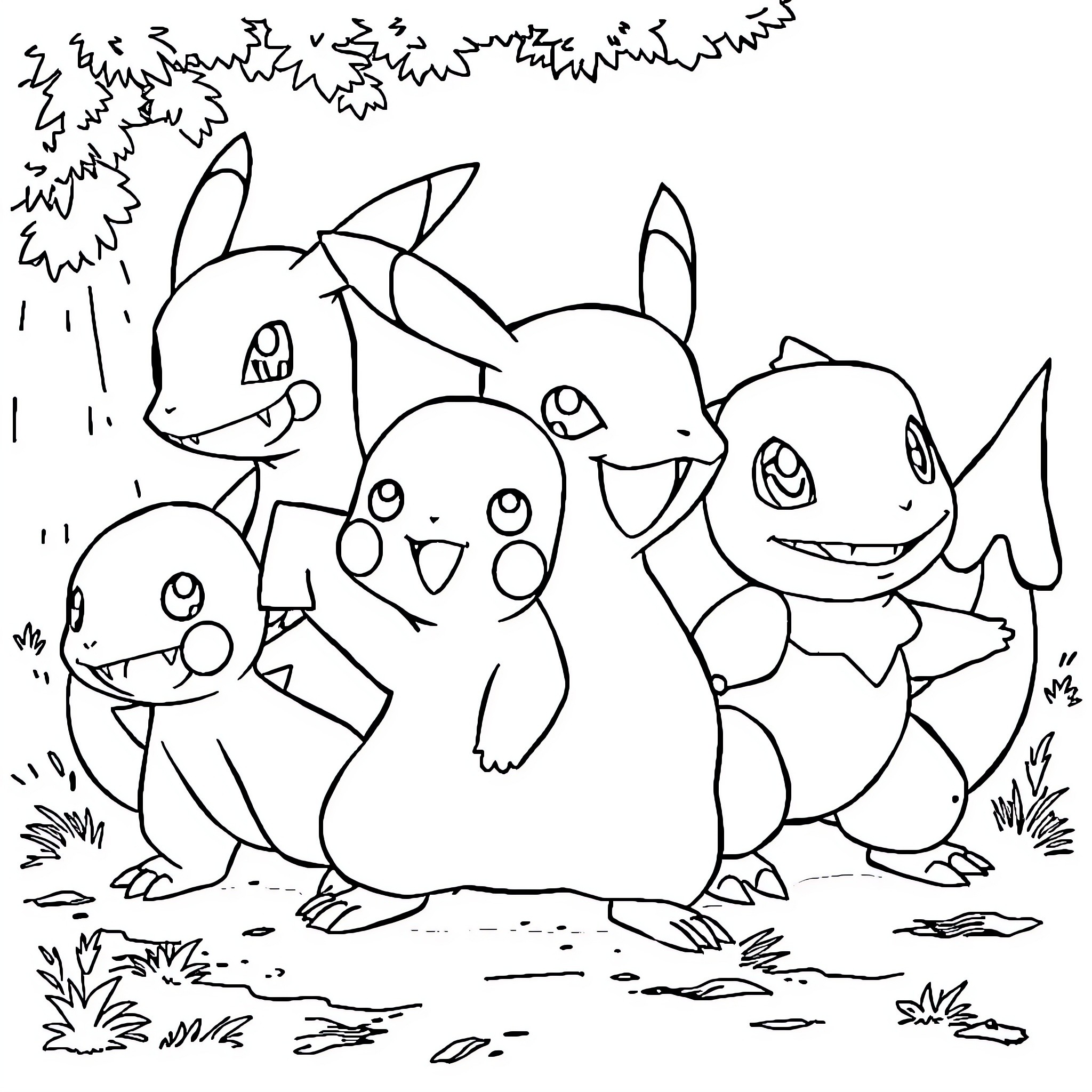 Pokémon friends exploring the outdoors Coloring Page (free black-and-white line drawing printable PDF for all, from beginners to advanced learners, including children, teens, adults, and seniors)