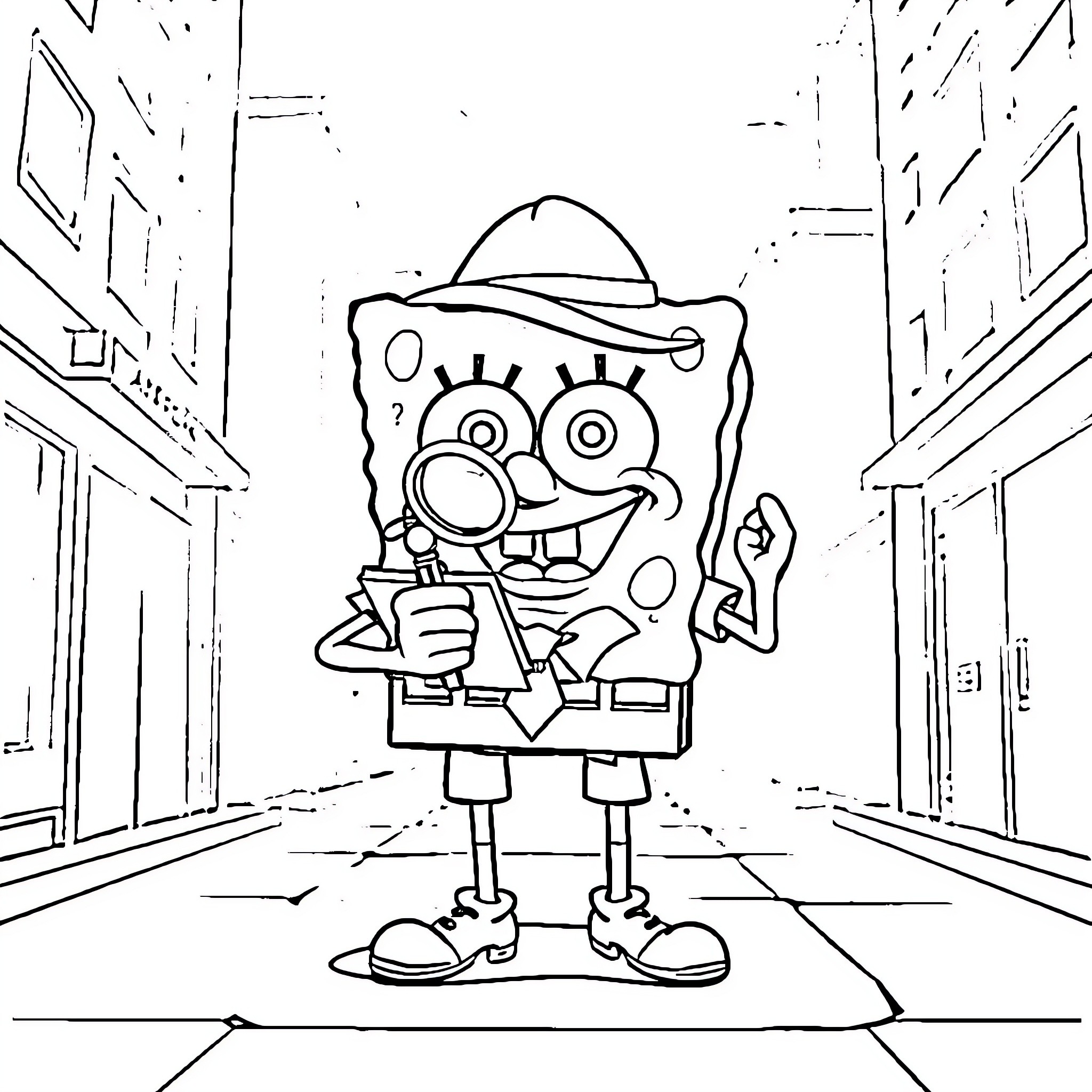 Spongebob's comical expression and outfit in a city setting Coloring Page (free black-and-white line drawing printable PDF for all, from beginners to advanced learners, including children, teens, adults, and seniors)