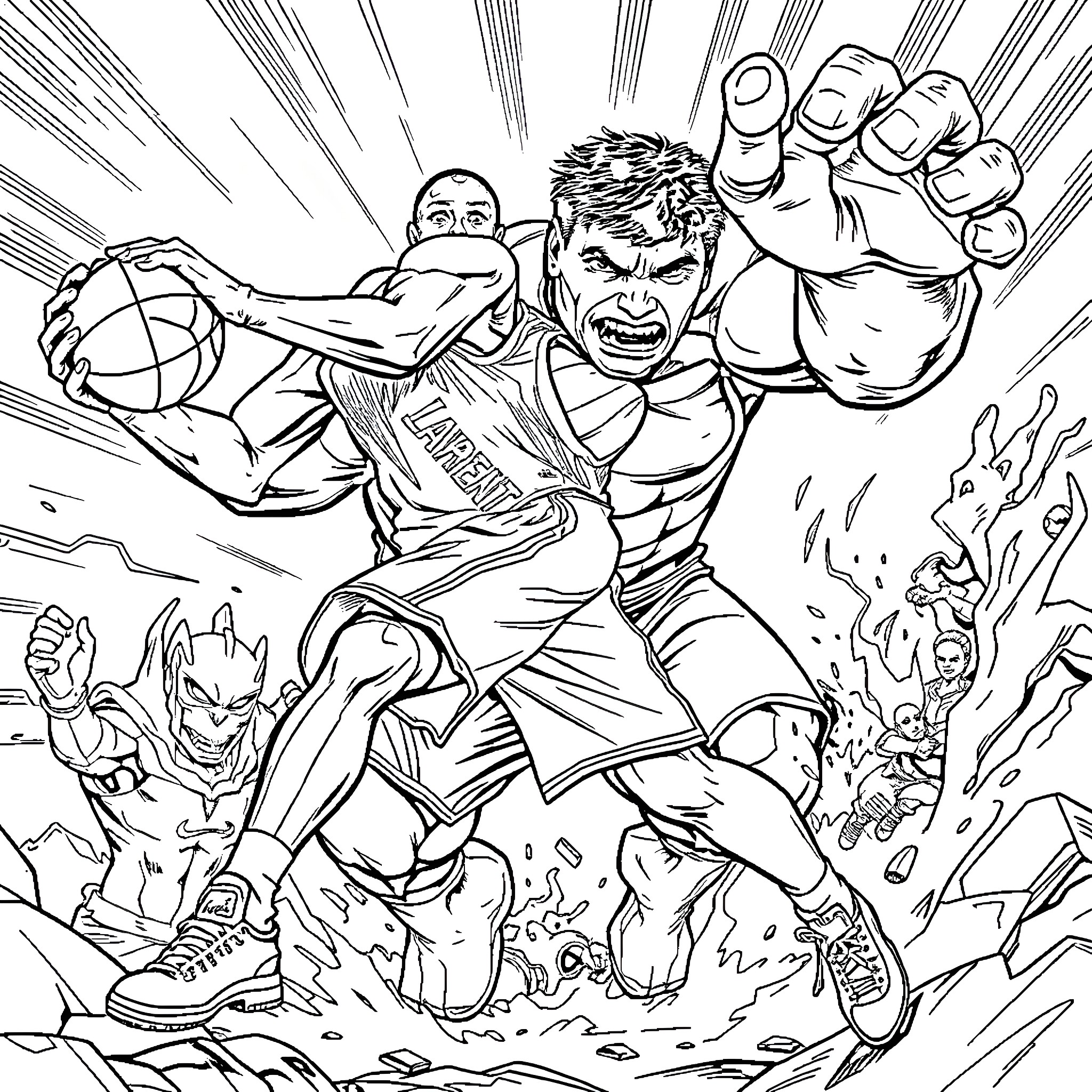 Kobe Bryant in action-packed basketball scene Coloring Page (free black-and-white line drawing printable PDF for all, from beginners to advanced learners, including children, teens, adults, and seniors)