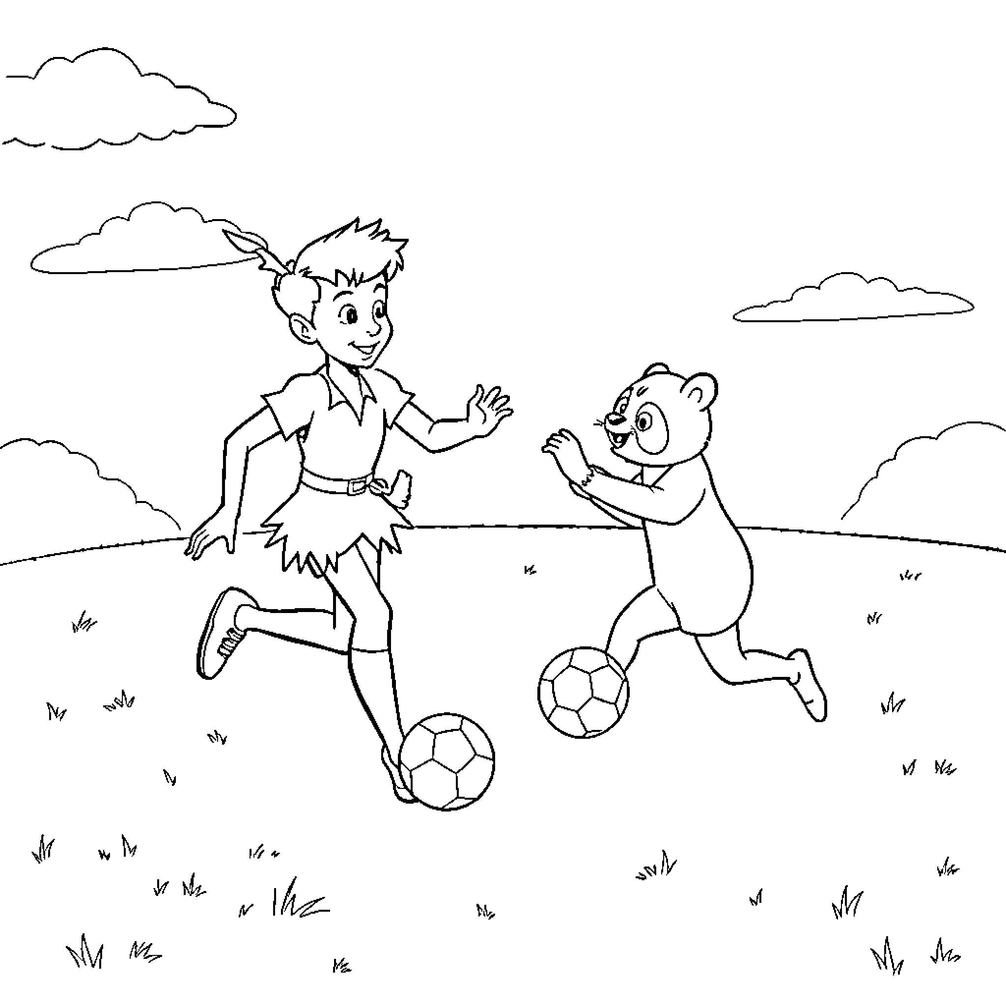 Peter Pan playing soccer with a bear Coloring Page (free black-and-white line drawing printable PDF for all, from beginners to advanced learners, including children, teens, adults, and seniors)