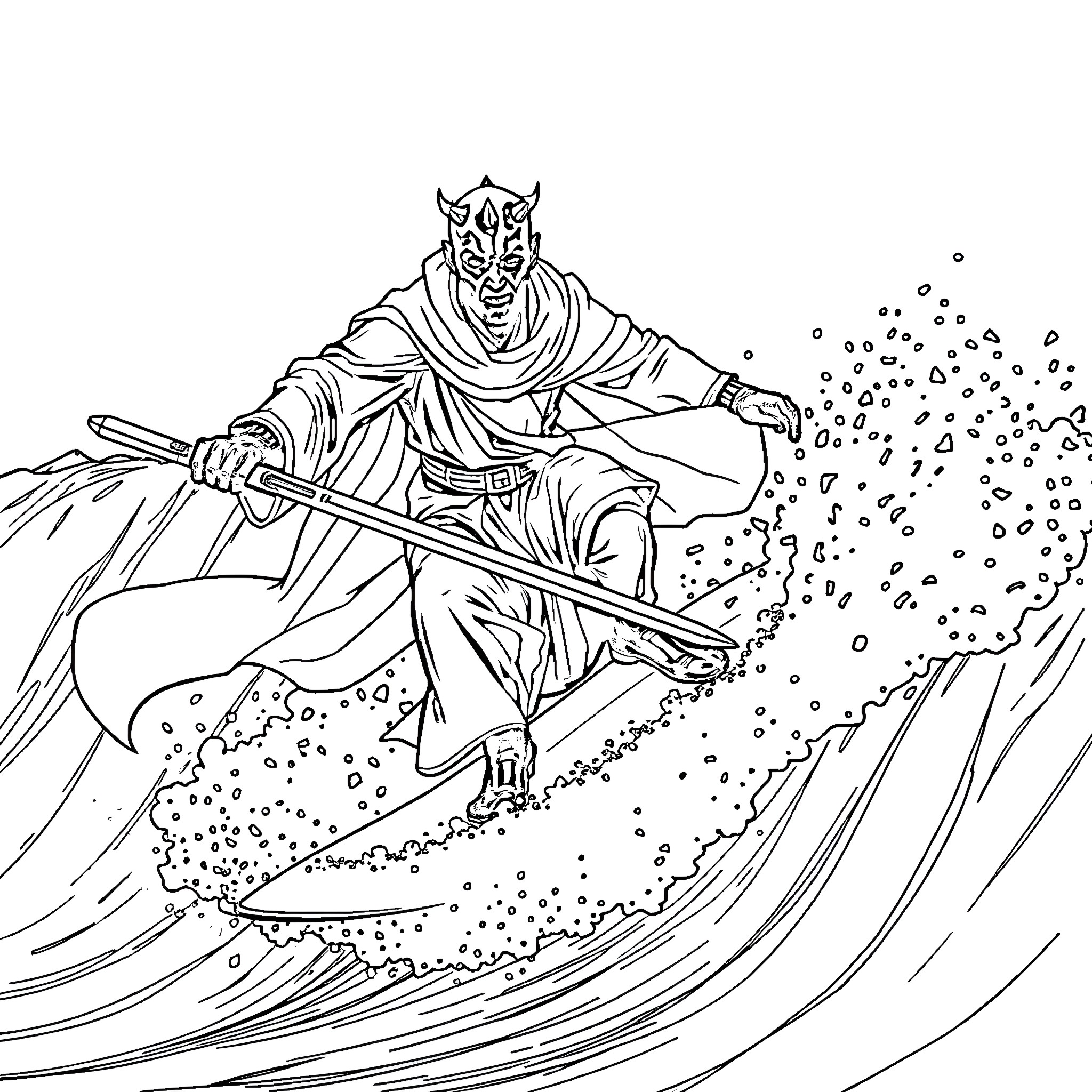 Darth Maul, the Sith Lord, wielding his dual-bladed lightsaber Coloring Page (free black-and-white line drawing printable PDF for all, from beginners to advanced learners, including children, teens, adults, and seniors)