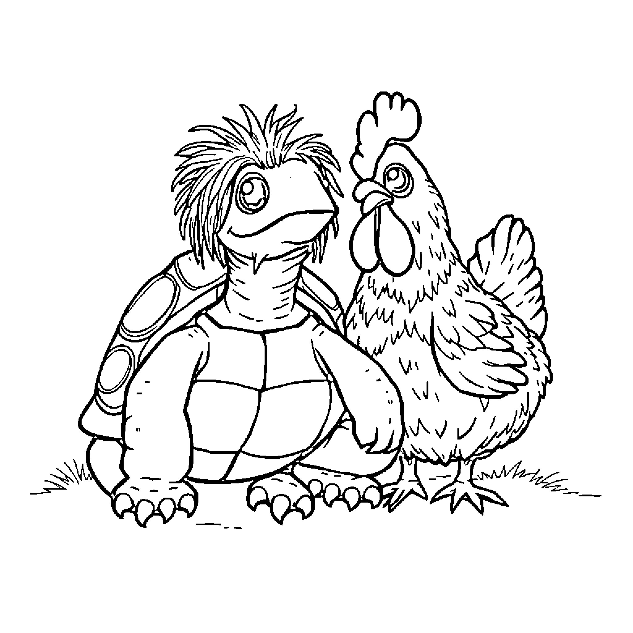 Turtle enjoying nature with chicken companion Coloring Page (free black-and-white line drawing printable PDF for all, from beginners to advanced learners, including children, teens, adults, and seniors)