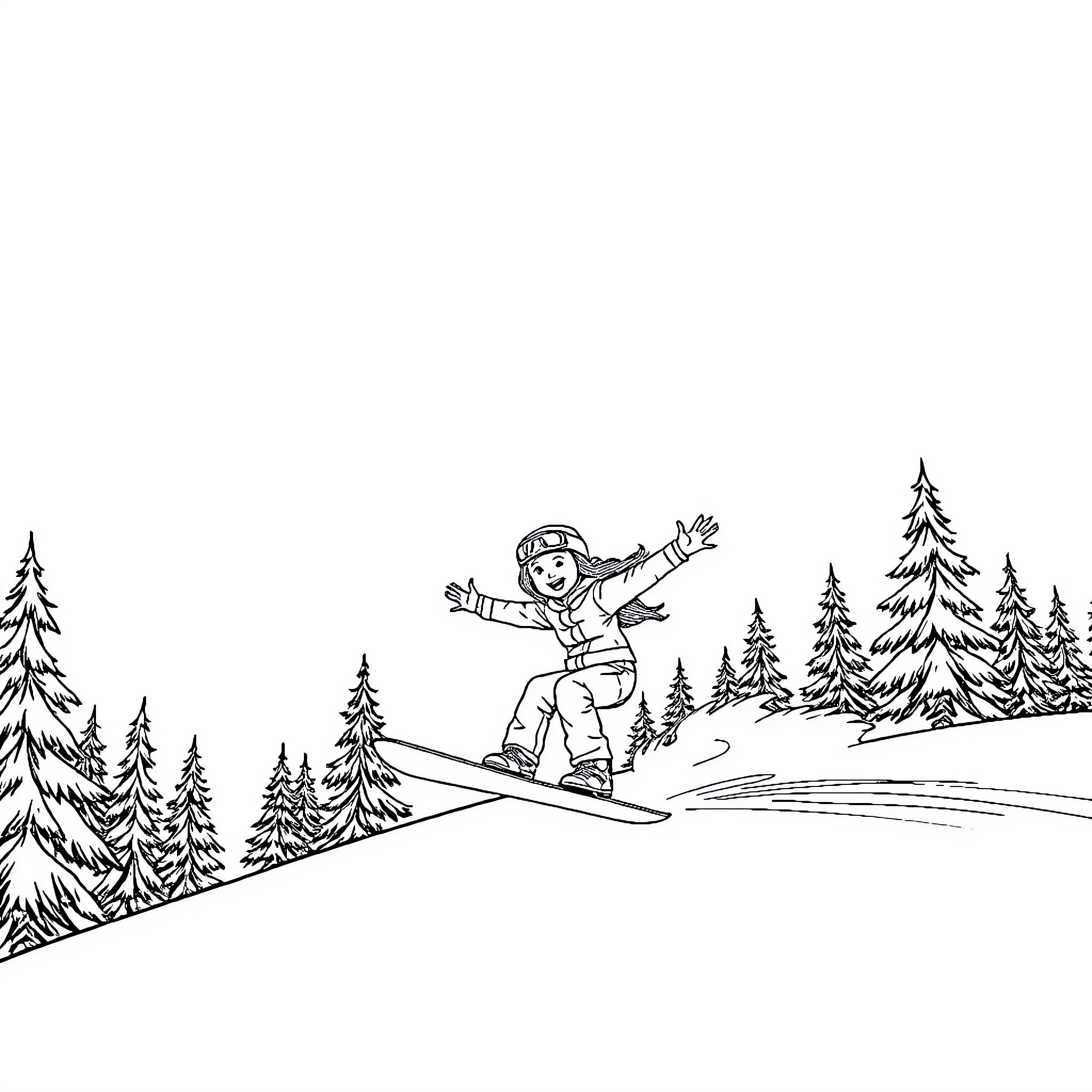 Girl skiing happily on the snowy slopes Coloring Page (free black-and-white line drawing printable PDF for all, from beginners to advanced learners, including children, teens, adults, and seniors)