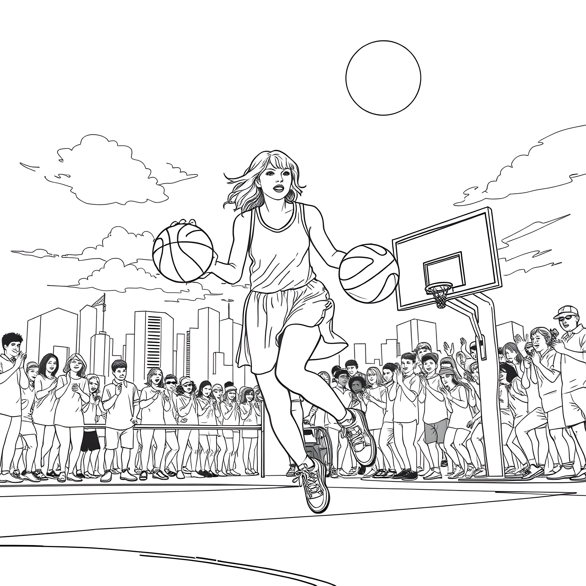 Taylor Swift playing basketball with fans in the city Coloring Page (free black-and-white line drawing printable PDF for all, from beginners to advanced learners, including children, teens, adults, and seniors)