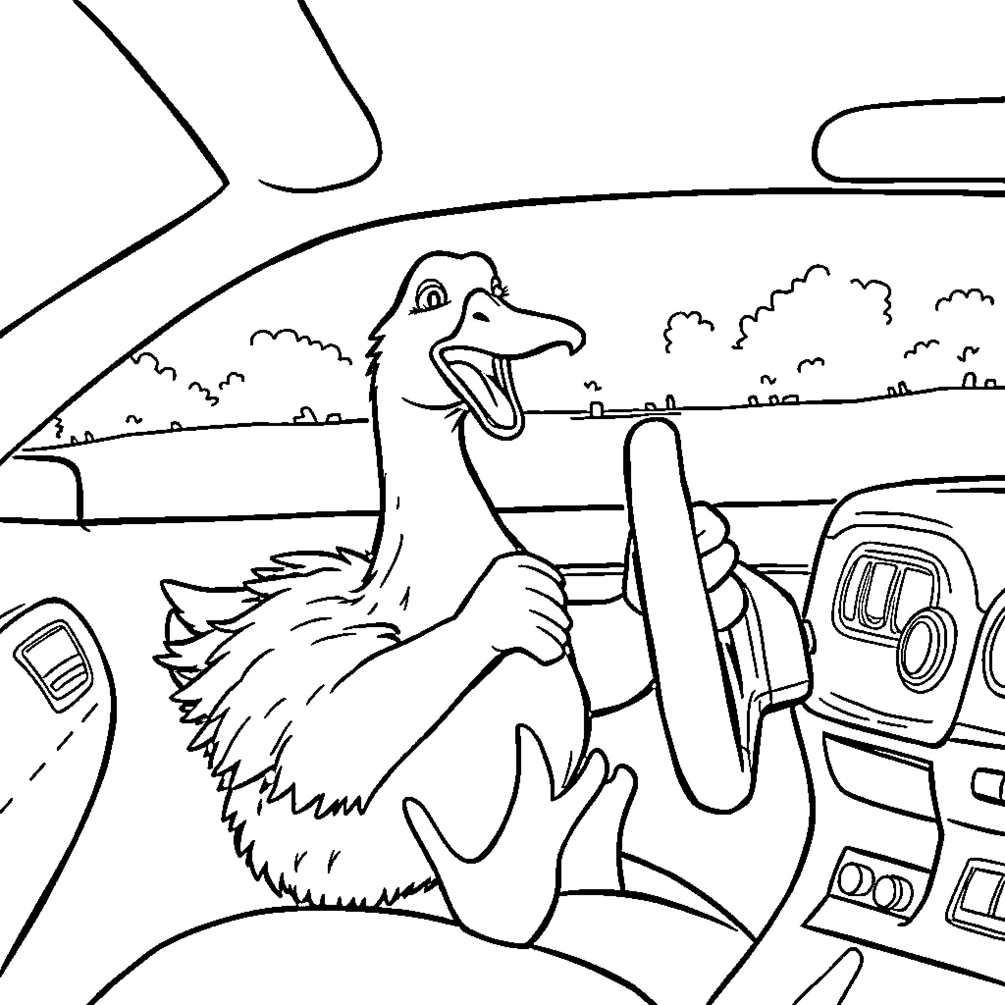Goose driving a vehicle on the road Coloring Page (free black-and-white line drawing printable PDF for all, from beginners to advanced learners, including children, teens, adults, and seniors)